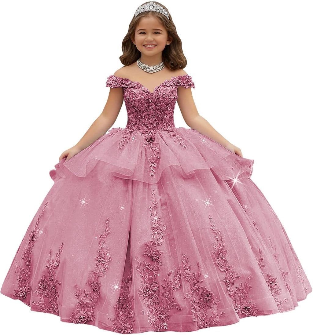 Crystal Lace Applique Flower Girl Dress Layered 3D Floral First Communion Dresses Off Shoulder Girls Pageant Dresses