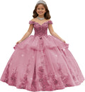 Crystal Lace Applique Flower Girl Dress Layered 3D Floral First Communion Dresses Off Shoulder Girls Pageant Dresses