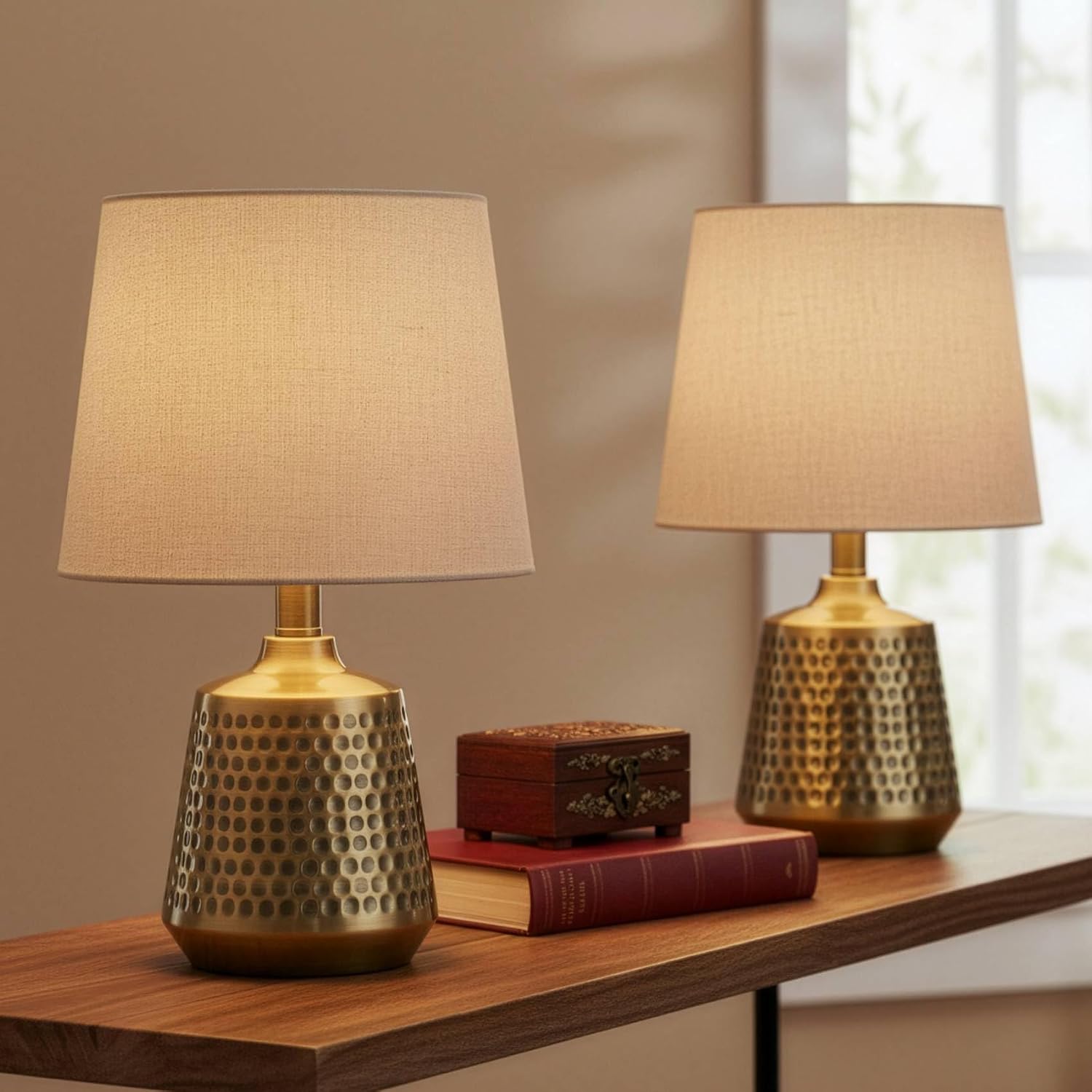 360 Lighting Argus 16' High Small Modern Accent Table Lamps Set of 2 Gold Textured Brass Finish Metal Linen Beige Shade Living Room Bedroom Bedside Nightstand House Office Home Reading Kitchen