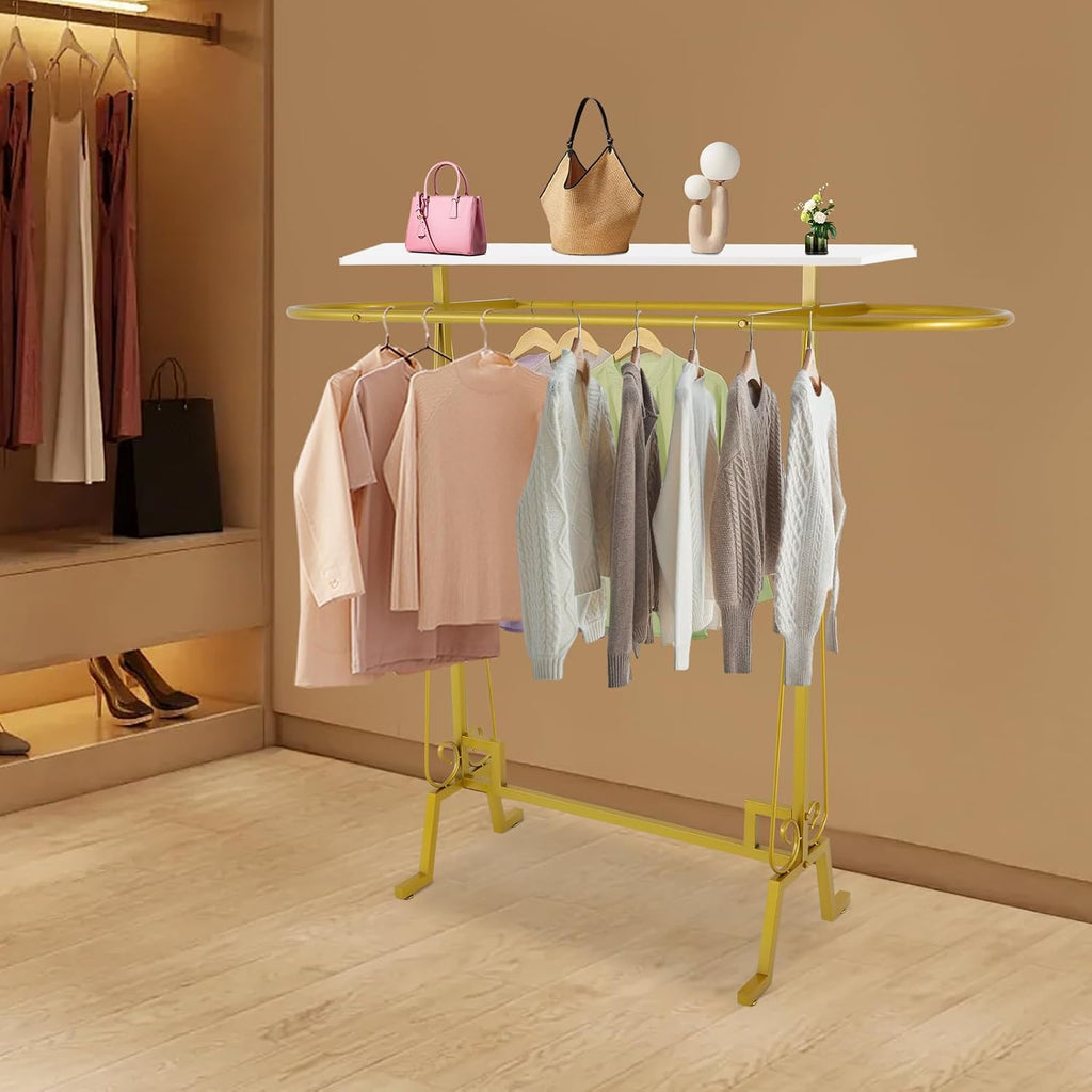 59x55x19.6in Clothing Display Stand, Floorstanding Retail Ellipse Coat Rack, Commercial Clothes Hanging Rack with Top Panel, Metal Garment Rack for Shops, Boutiques Display (Gold)