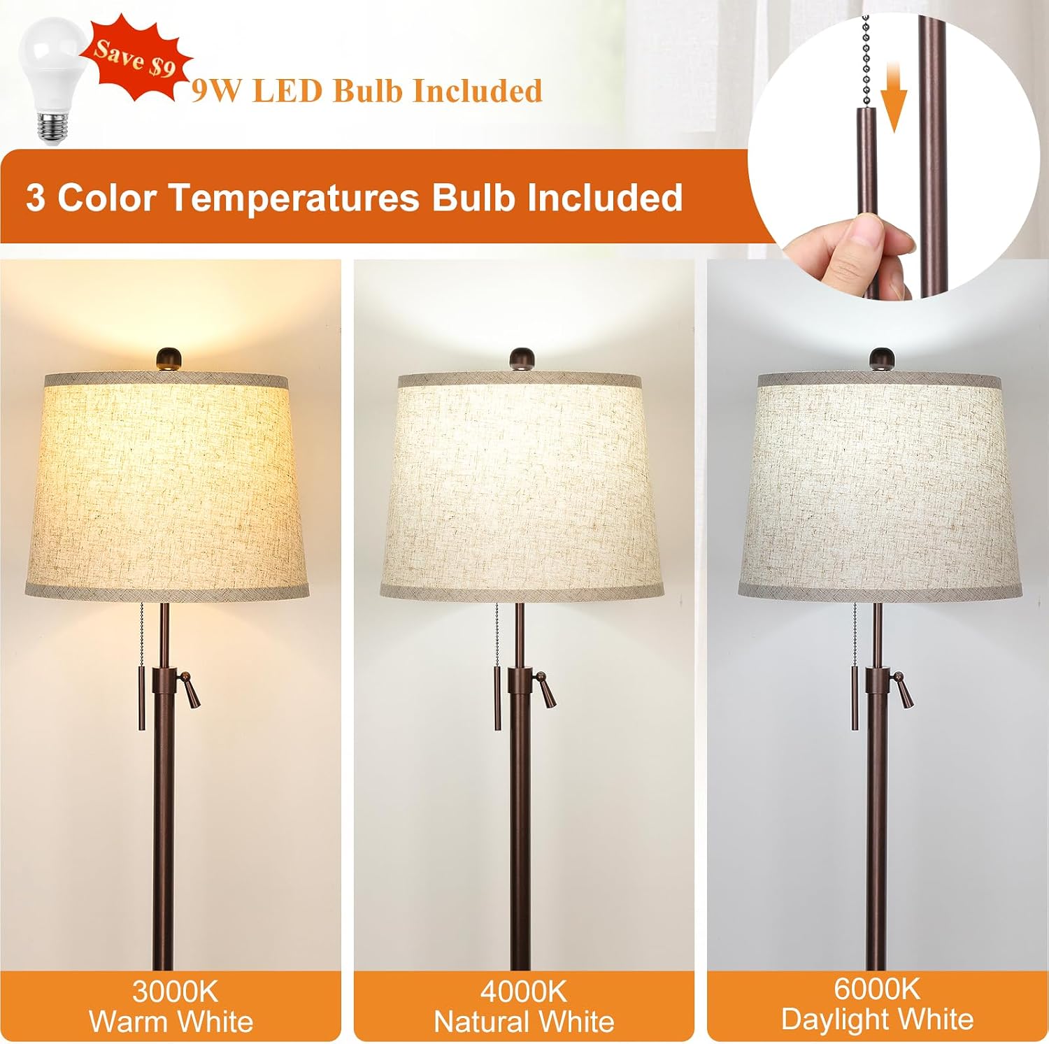 3 Piece Lamp Sets for Living Room Floor Lamp and Table Lamps Set of 3 Tall Standing Lamp Adjustable Height 3 Color Temperature Modern Brown Lamp for Bedroom Nightstand Bedside EndTable(Bulbs Included)