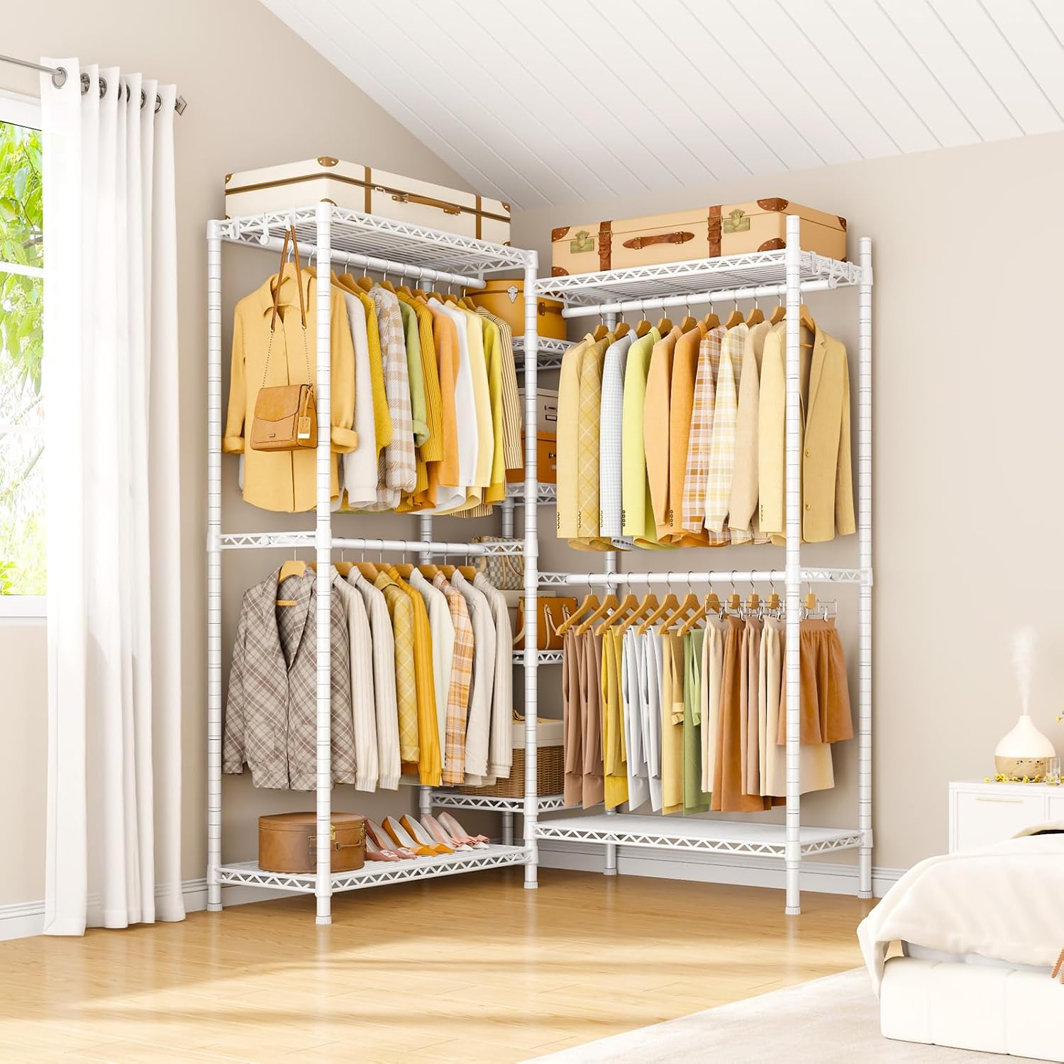 Ulif E4L L-shaped Clothing Rack for Corner, Heavy-Duty Freestanding Garment Rack, Metal Clothes Storage Organizer System with Shelves and Hangers, Max Load 962lbs, 42.7' W x 42.7' D x 79.3' H, White