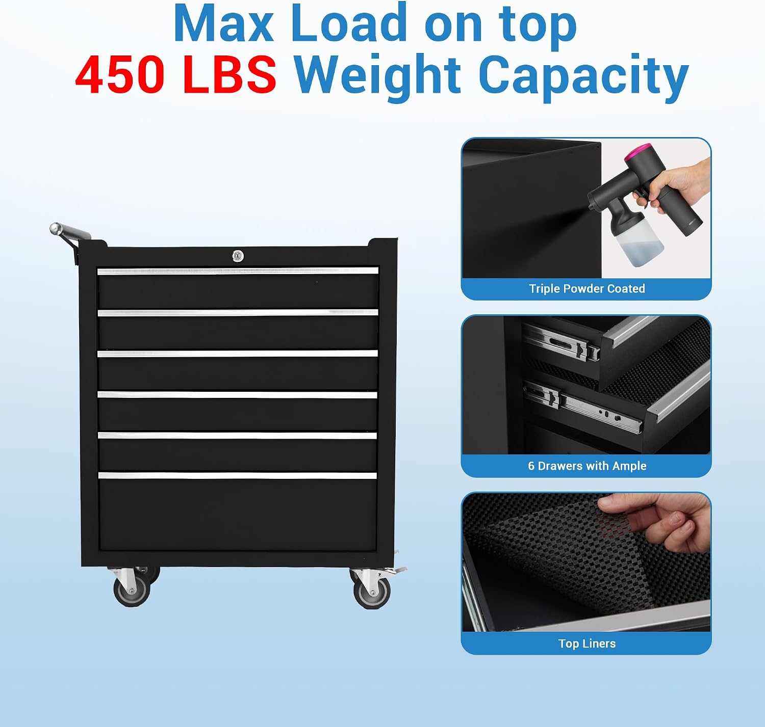 24 Inch 6-Drawer Rolling Tool Chest, Heavy Duty 16-Gauge Steel Tool Cabinet with 4 Locking Casters & Central Lock, Ball Bearing Drawers for Garage Workshop Organization