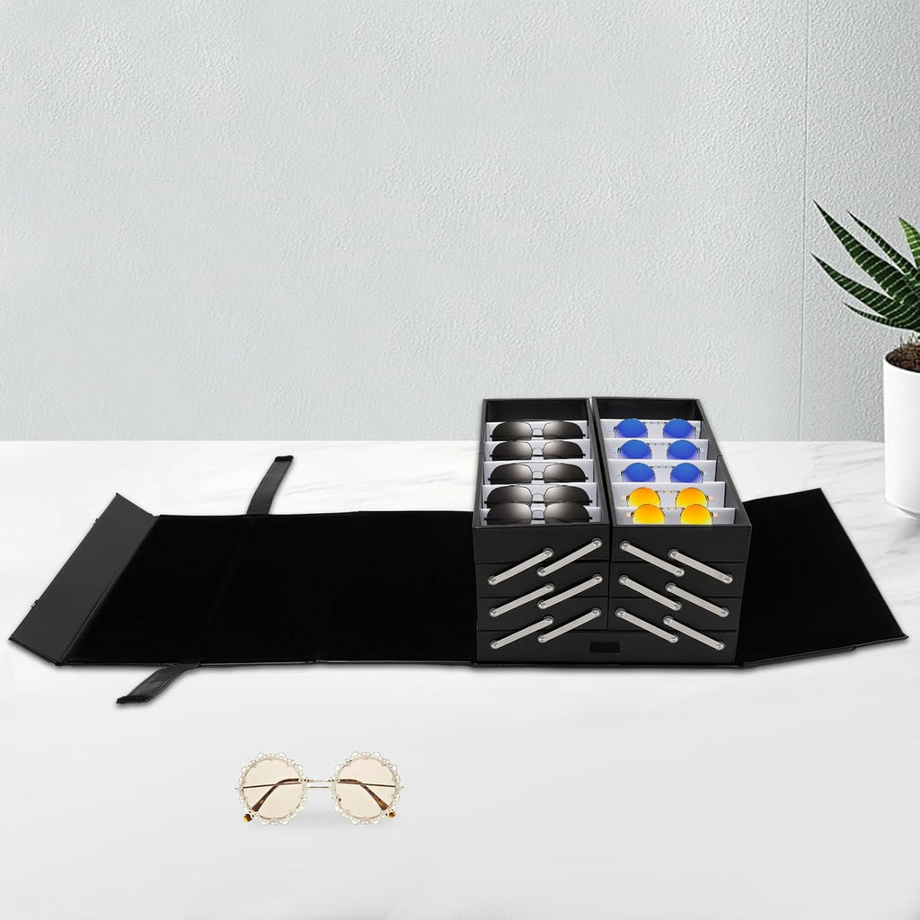 48 Slots Sunglasses Storage Box, 8 Drawers Sunglass Organizer Eyewear Eye Glass Organizer Box Stand Display Holder Case Black Eyeglasses Collector with Handle for Ties, Jewelry, Coins