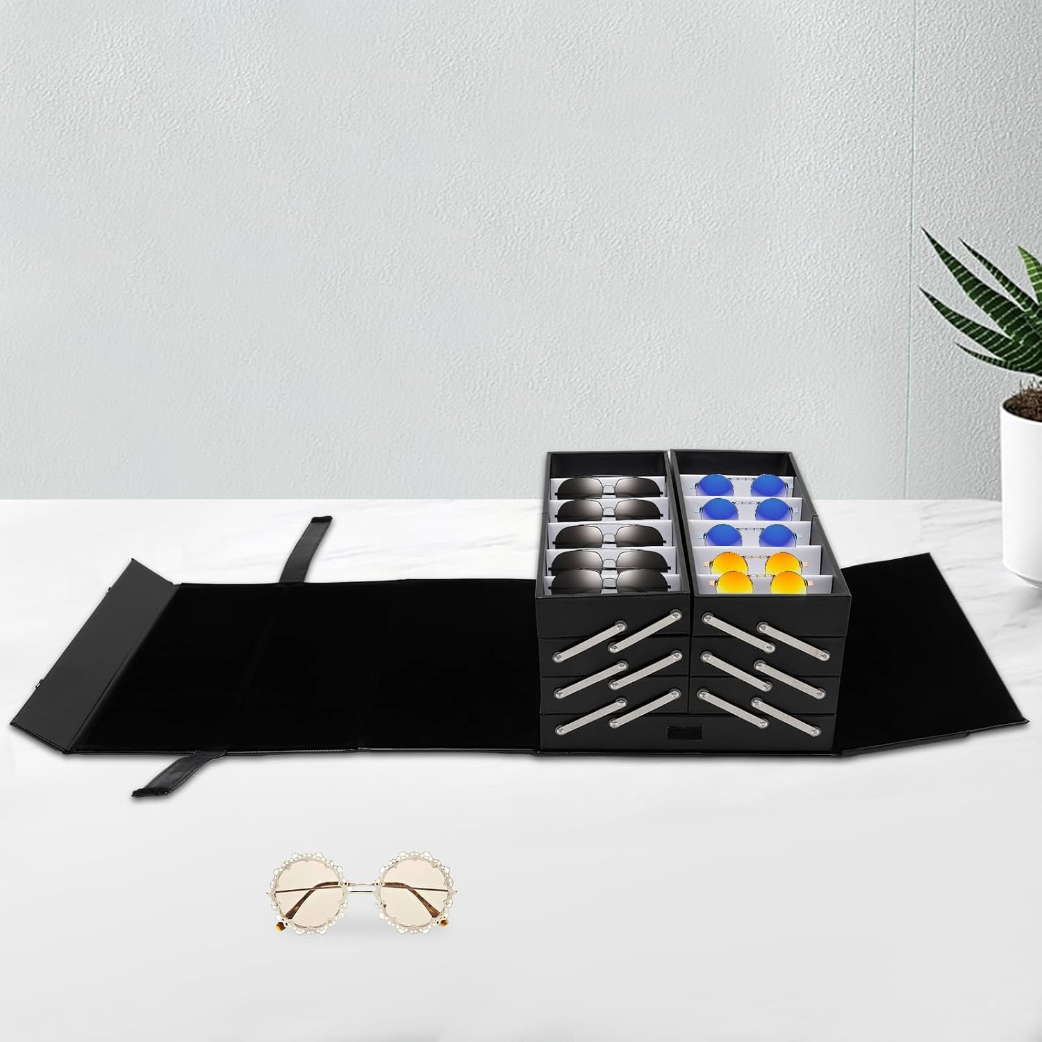 48 Slots Sunglasses Storage Box, 8 Drawers Sunglass Organizer Eyewear Eye Glass Organizer Box Stand Display Holder Case Black Eyeglasses Collector with Handle for Ties, Jewelry, Coins
