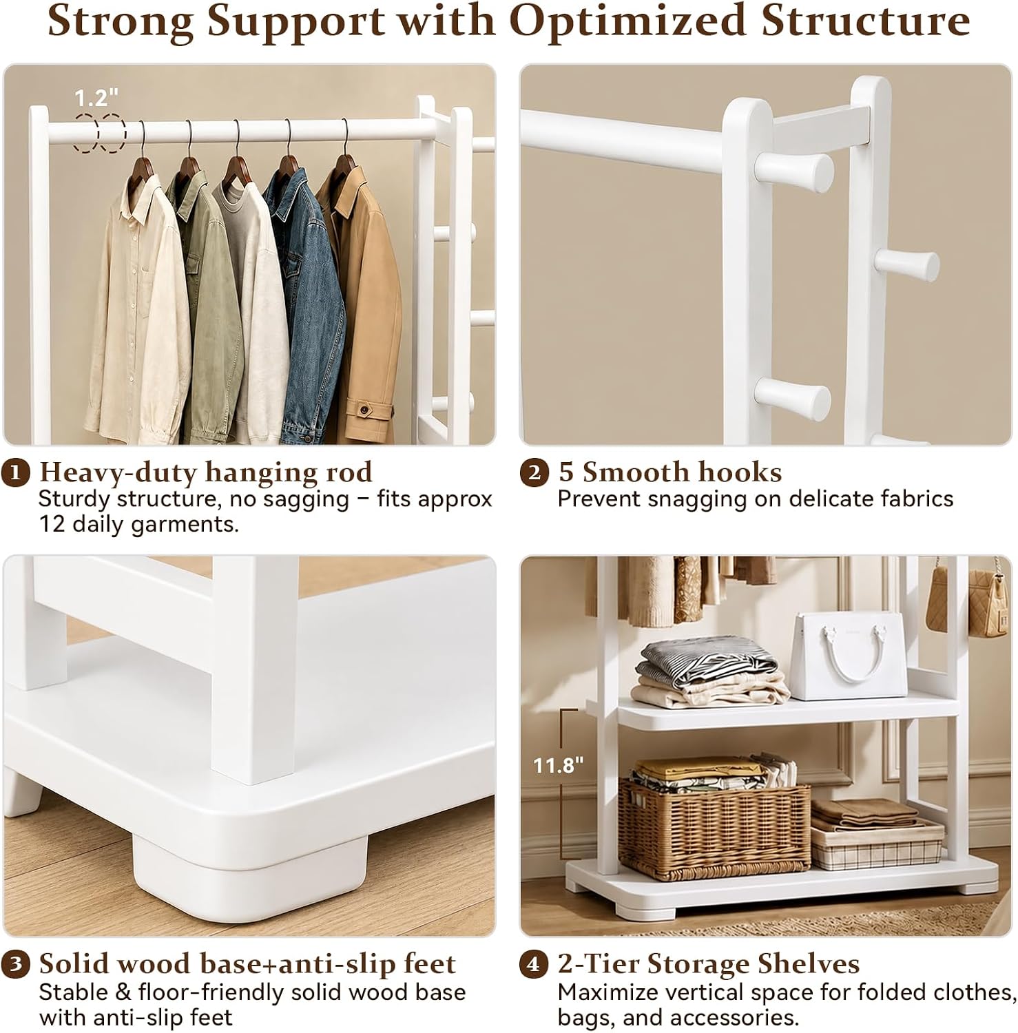 Solid Wood Clothes Rack with 2 Shelves & 4 Hooks for Hanging Clothes Garment Wallets Hats, White Clothing Rack Heavy Duty Coat Rack Freestanding with Storage Hall Tree for Hallway Bedroom Living Room