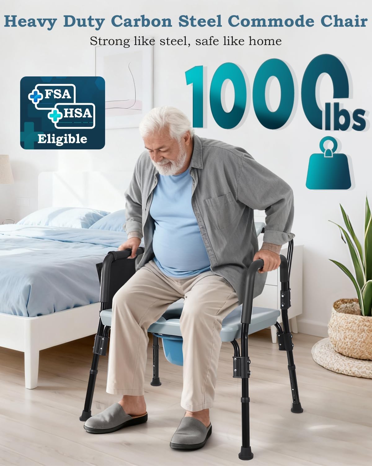 4-in-1 Bariatric Bedside Commode Chair, 1000lbs Heavy Duty Shower Chair, Extra-Wide Seat, Robust Carbon Steel, 5 Adjustable Height, Raised Toilet Seat for Seniors, Disabled, Bariatric Users