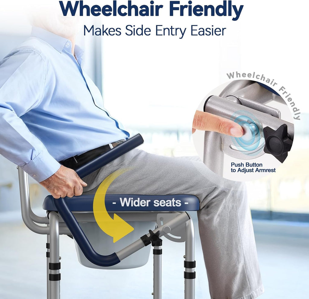Drop Arm Bedside Commode, Commode Toilet with Padded Seat and Backrest, 400lbs Capacity, 6.3QT Removable Bucket and Splash Guard, Adjustable Height Portable Toilet for Adults, Blue