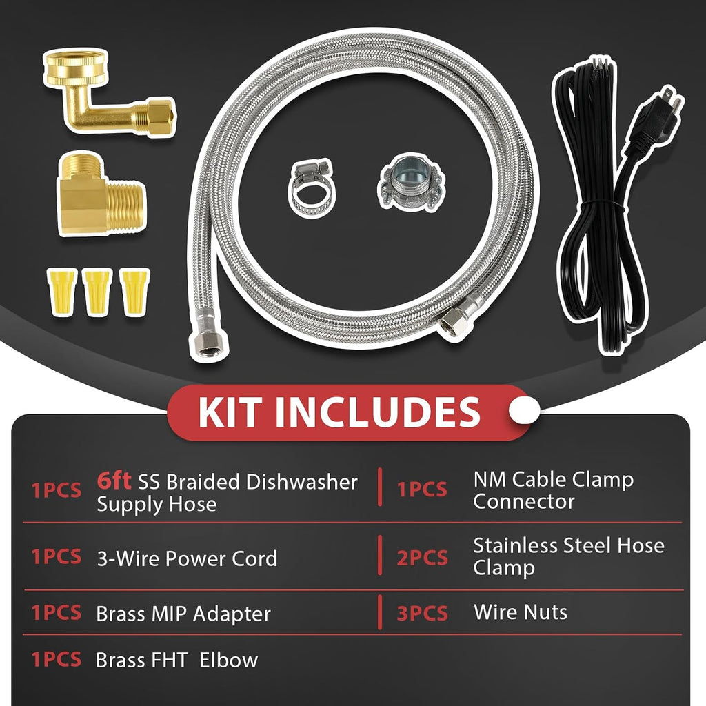 (5 Kit) Efield Dishwasher Installation Kit, 6 FT Stainless Steel Supply Hose, 3/8' X 3/8' Compression Adapter, 3-Wire 6' Power Cord with Tap,(HOSE149-5PCS)