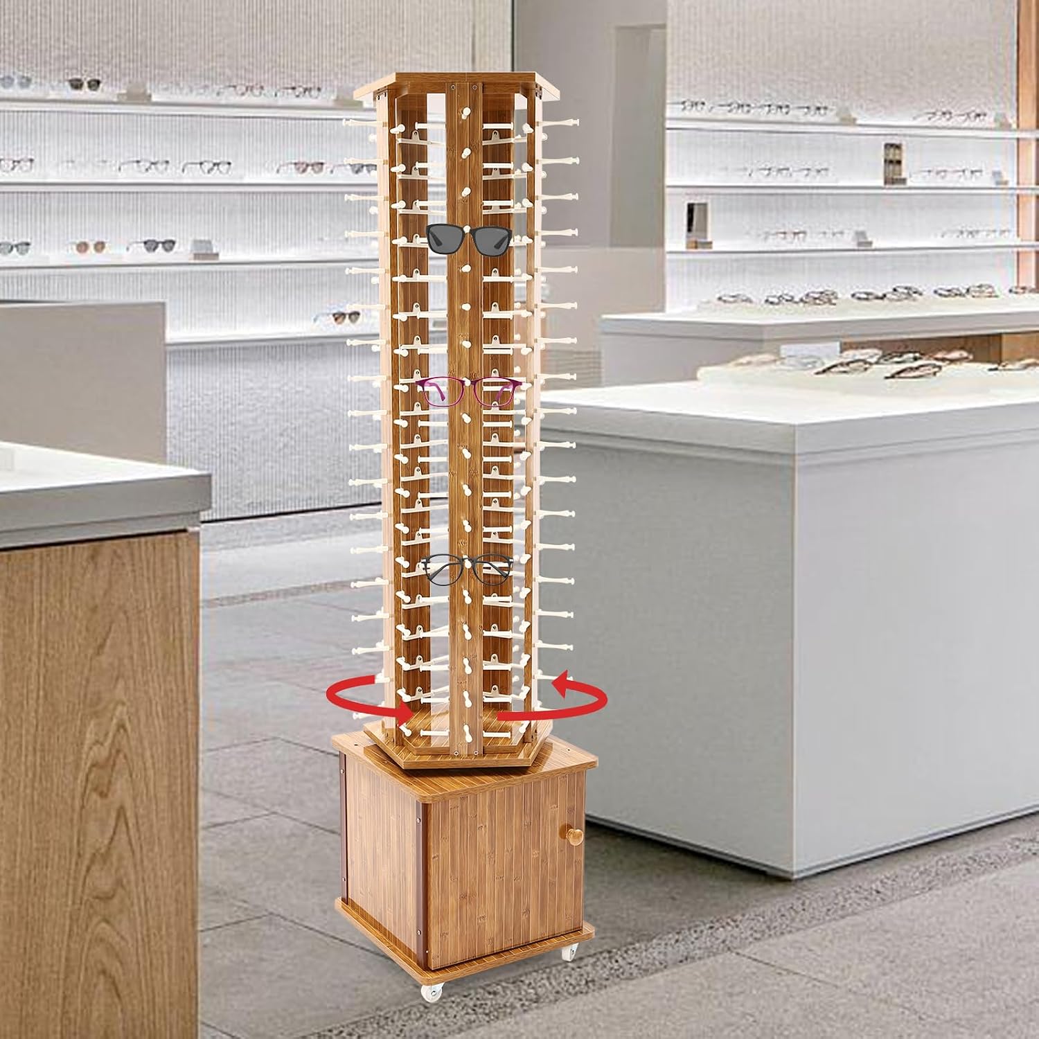 Sunglasses Display Stand, 90 Pairs Wooden 360° Rotating Sunglass Eyeglass Holder Organizer, Glasses Hanger Storage Rack for Retail Commercial Display, L16.9*W15.8*H66.1in, Dark Brown