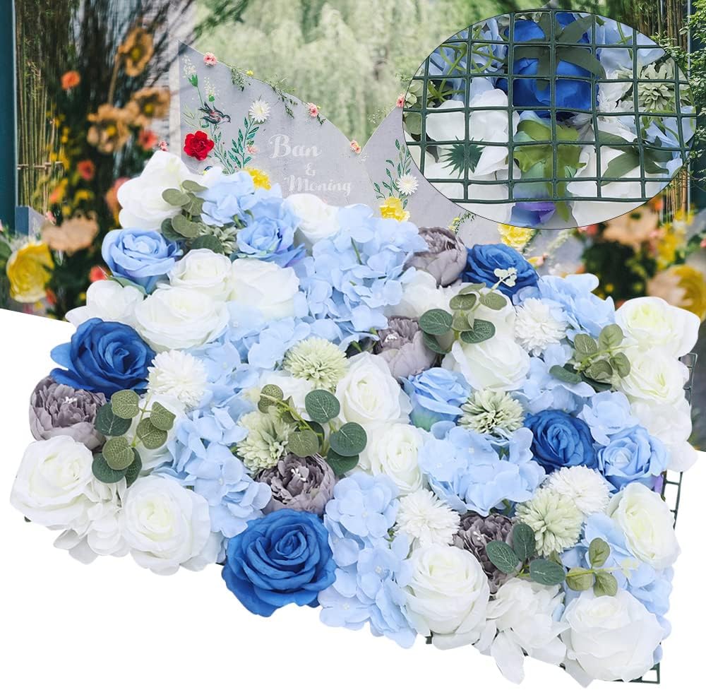 DNYSYSJ 6Pcs Artificial Flowers Wall Romantic Flower Wall for Background Decoration Silk Flower Roses Wall Panel Hanging Wedding Venue Main Road Decor Silk Flower Panels for Photo Backdrop (Blue)