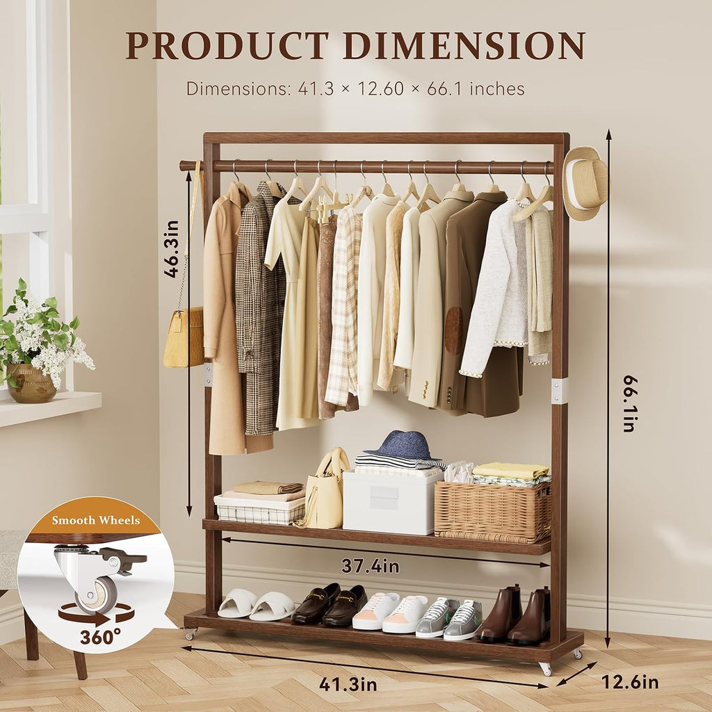 Solid Wood Clothes Rack with Wheels | 3-in-1 Freestanding Garment Rack & Coat Tree, Extra-Long Rod, Two Shelves, 220 lb Load | Organizer for Bedroom & Entryway