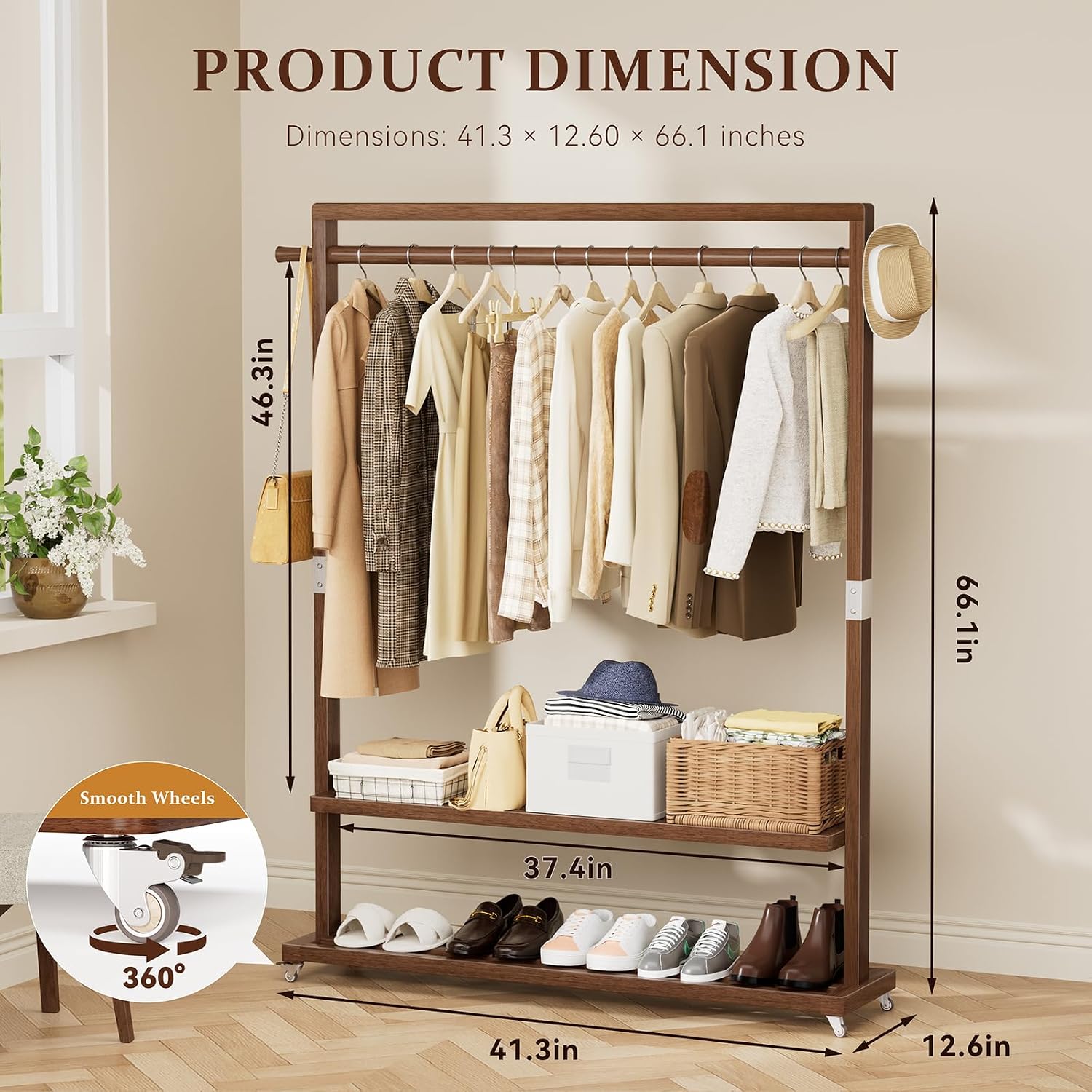 Solid Wood Clothes Rack with Wheels | 3-in-1 Freestanding Garment Rack & Coat Tree, Extra-Long Rod, Two Shelves, 220 lb Load | Organizer for Bedroom & Entryway