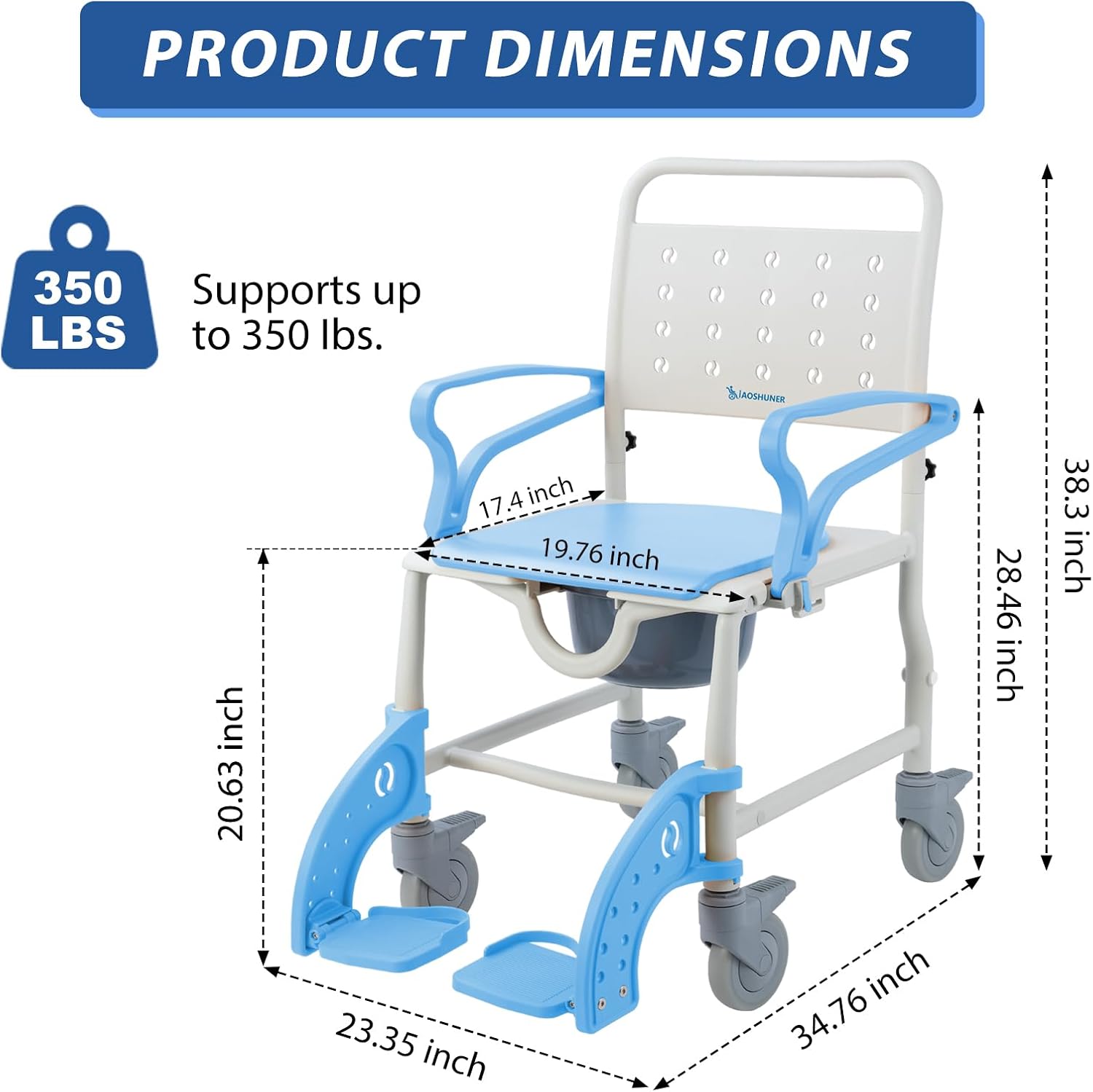 4-in-1 Bedside Commode Chair for Elderly, Rolling Shower Chair with Drop Arms & Lockable Wheels, Anti-Tilt Heavy Duty Waterproof Shower Wheelchair, 350lbs Capacity (Blue)