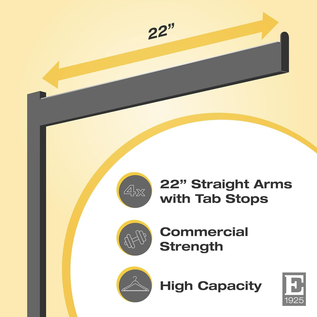 Econoco 4-Way Clothing Rack. Adjustable Straight Arm Garment Display with Rectangular Tubing and Tab Stops, Matte Black