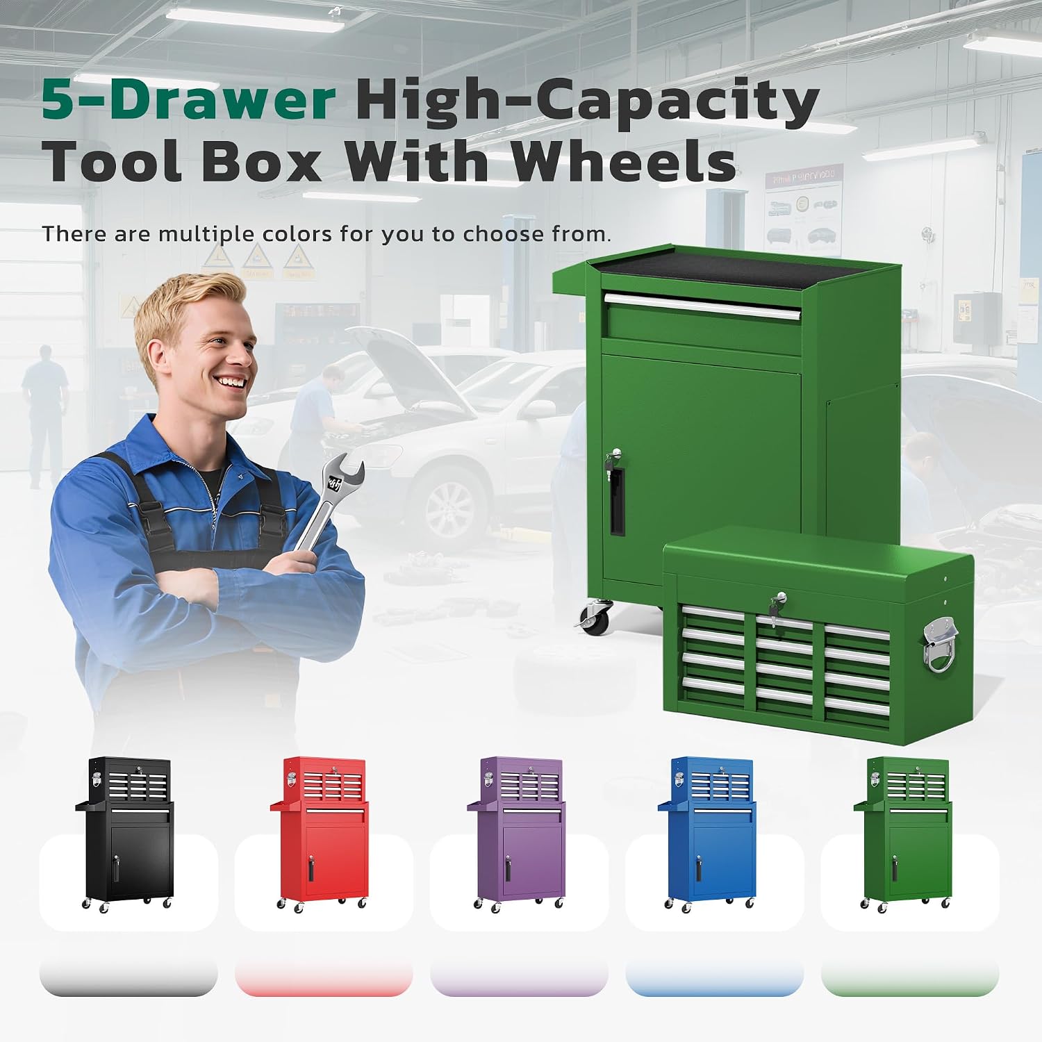 Greenvelly Tool Chest, 5-Drawer Rolling Tool Chest with Hooks and Lockable Wheels,Metal Storage Detachable Top Tool Box with Lockable Wheels for Garage,Workshop,Art Studio(Green)