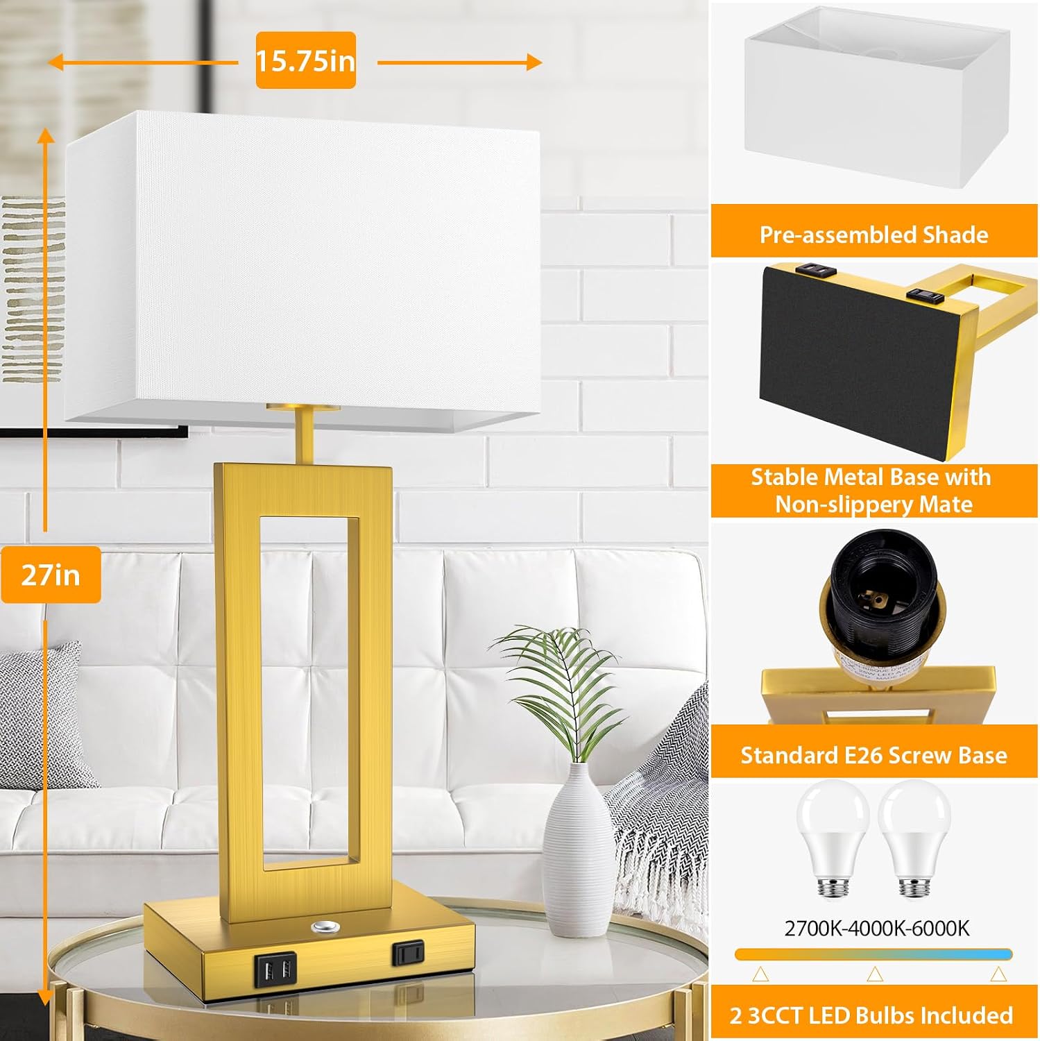 Table Lamps for Bedrooms Set of 2, 27.2'' Super Tall Modern Gold Lamps for Living Room Nightstand End Tables, Button Touch Control Bedside Lamps with 2 USB Ports, 3 Color Temp. E26 Bulbs Included