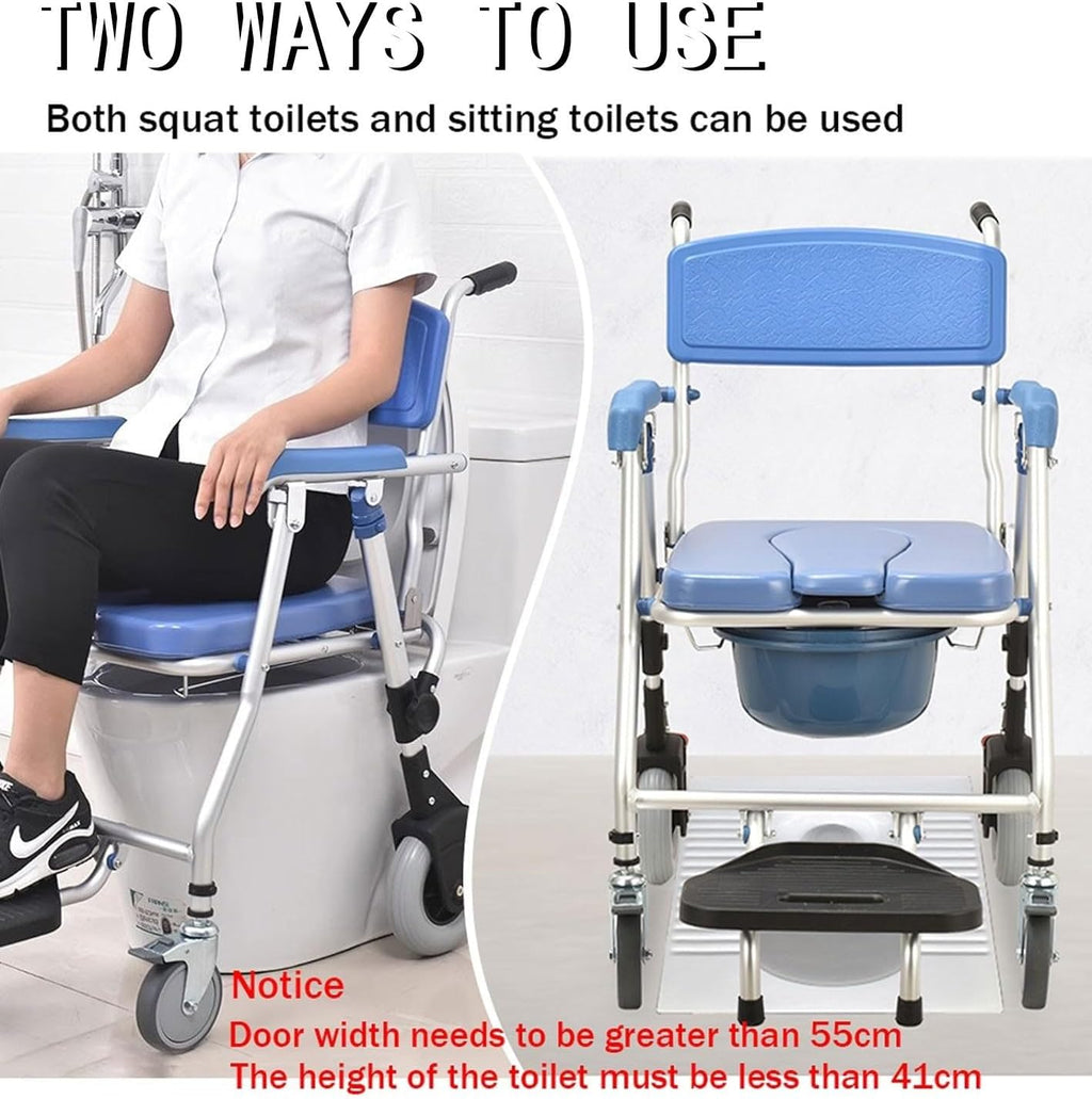 Commode Chair for Seniors with Wheels, 3-in-1 Toilet Shower Wheelchair for Seniors Injured Person Pregnant Shower Chair Foldable with Brake and Oval Commode, up to 150Kg
