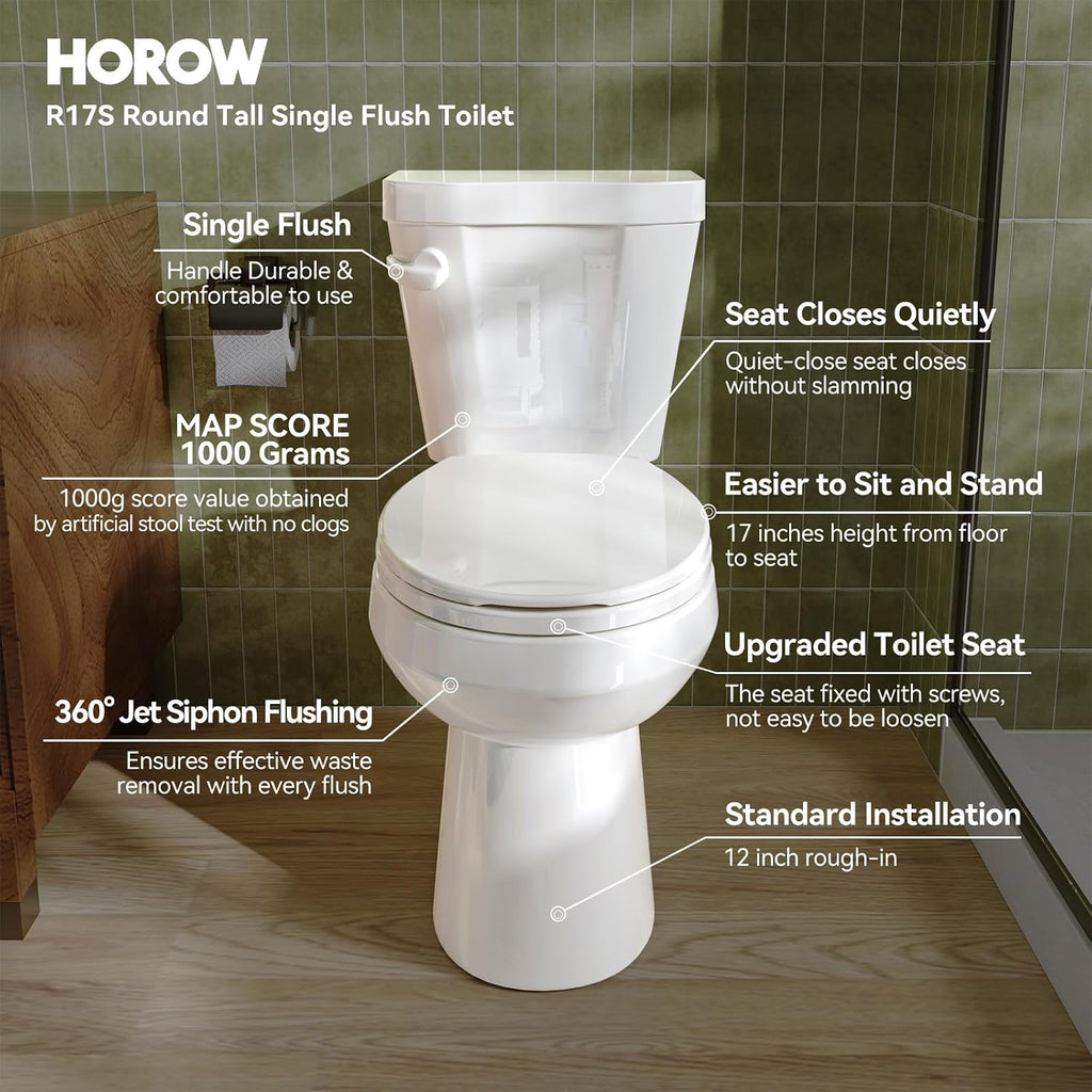 HOROW 17 Inch Compact Tall Toilet for Seniors, Two Piece Toilet for Small Bathroom with Powerful 1.28 GPF Single Flush, MAP 1000g, ADA Chair Height, Soft-Close Seat, and Round Bowl, HR-R17S