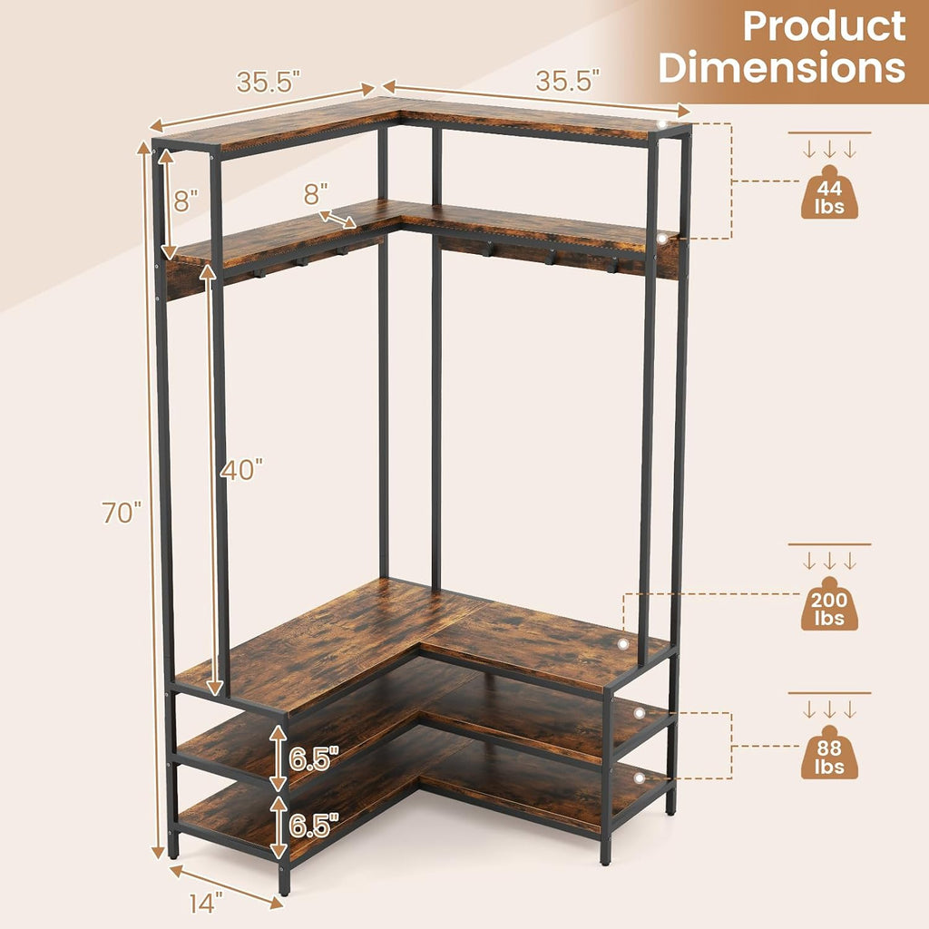 Giantex Corner Coat Rack with Shoe Bench, L-Shaped Garment Rack with 5 Shelves & 7 Hooks, Heavy Duty Freestanding Clothes Rack Entryway Bench with Shoes Organizer for Hallway (Rustic Brown & Black)