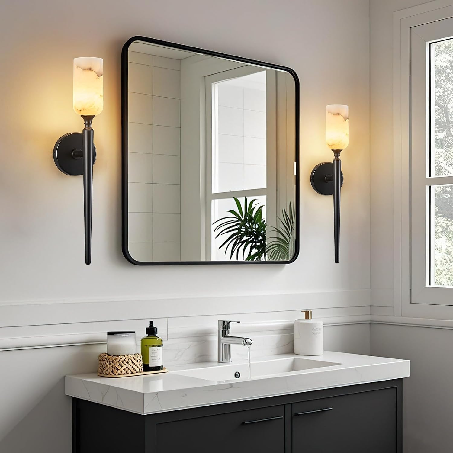 LMQNINE Natural Alabaster Wall Sconce Modern Black Wall Sconces Set of Two Bathroom Sconce Wall Decor Antique Marble Sconces Wall Lighting for Bedroom Living Room Entryway Hallway Staircase