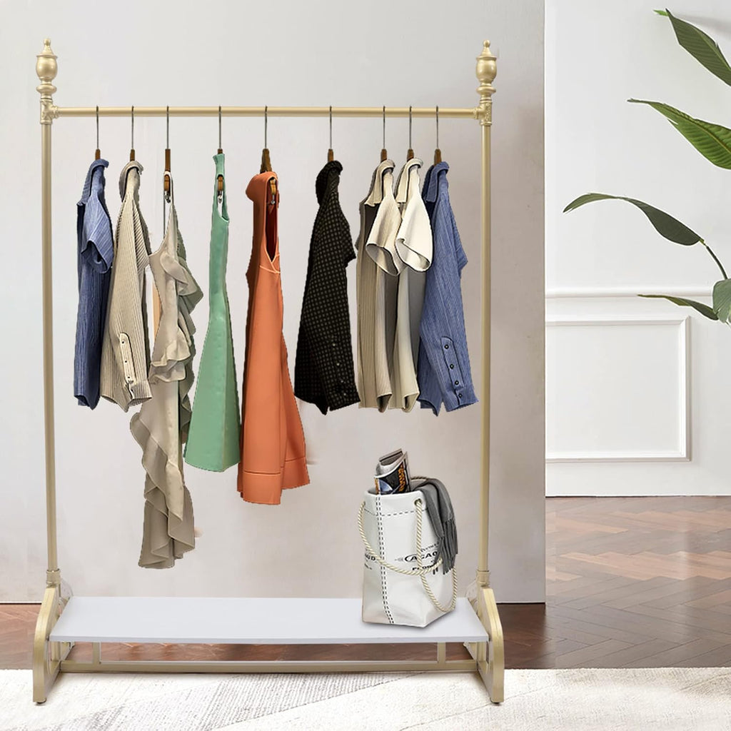 Modern Gold Clothing Rack Freestanding Multi-functional Heavy Duty Garment Rack Retail Display Clothes Rack Industrial Clothes Rack Metal Clothes Rack with Wood Shelf,Gold