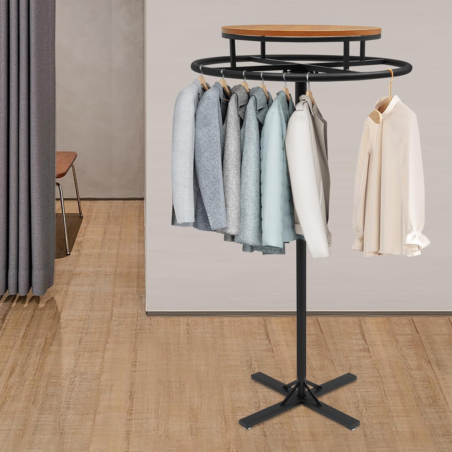 28 * 51 inch Retail Clothing Garment Racks with Display Table, Black 360° Rotatable Floor-Standing Clothes Storage Rack for Bedrooms Boutiques Retail Commercial Shop Laundry Room
