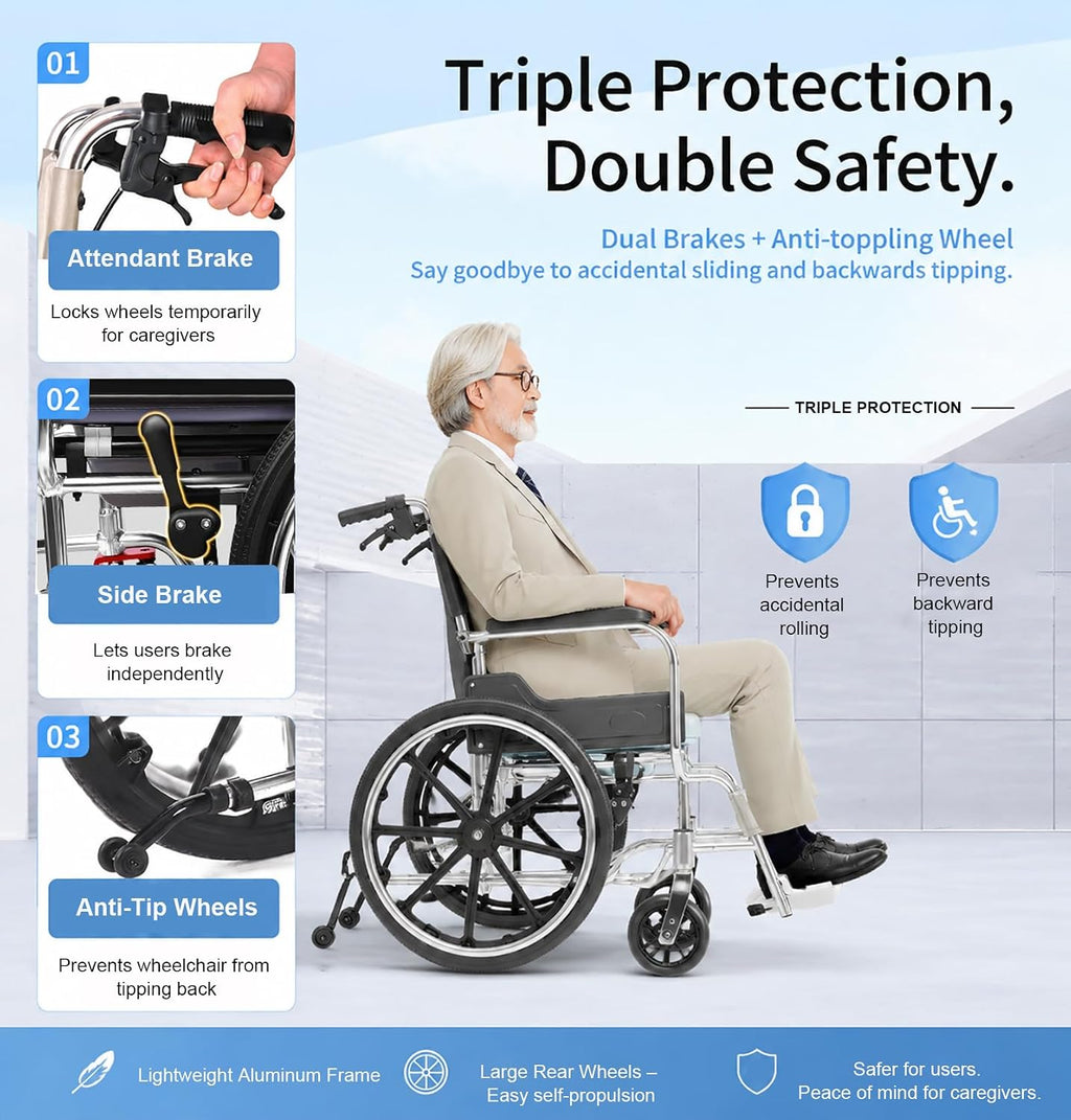 Shower Commode Wheelchair, 17in Width Seat Aluminum Alloy Bathroom Wheelchair for Inside Shower Bathroom Wheelchair Portable Self-Propelled Wheel Chairs for Adults Seniors