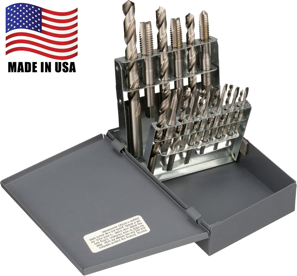 Chicago Latrobe 52581 GT18 High-Speed Steel Jobber Length Drill Bit and Spiral Point Tap Set with Metal Case, Uncoated (Bright) Finish, 18-piece, Wire Size, Letter, Inch, #6-32 to 1/2'-13 Tap Sizes