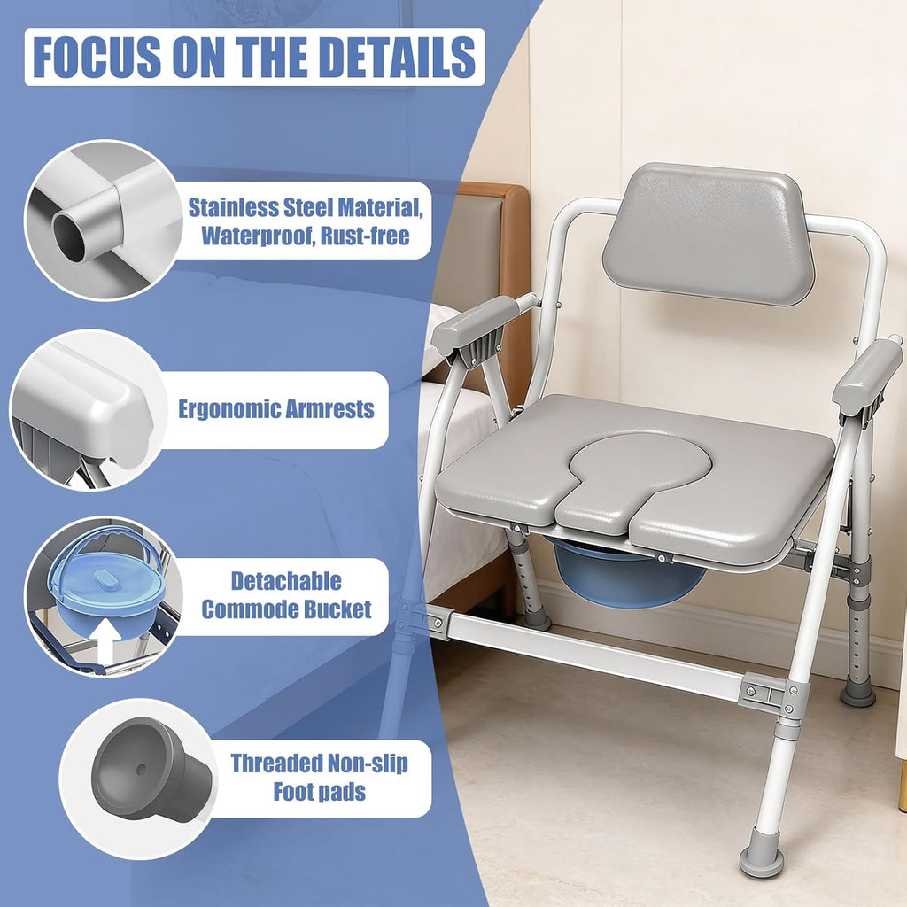 Heavy-Duty Large Bone Bedside Commode, 800lbs Weight Capacity & Extra-Wide Padded Seat, Adjustable Height Folding Toilet Chair for Seniors,Disabled, Patient Home Care