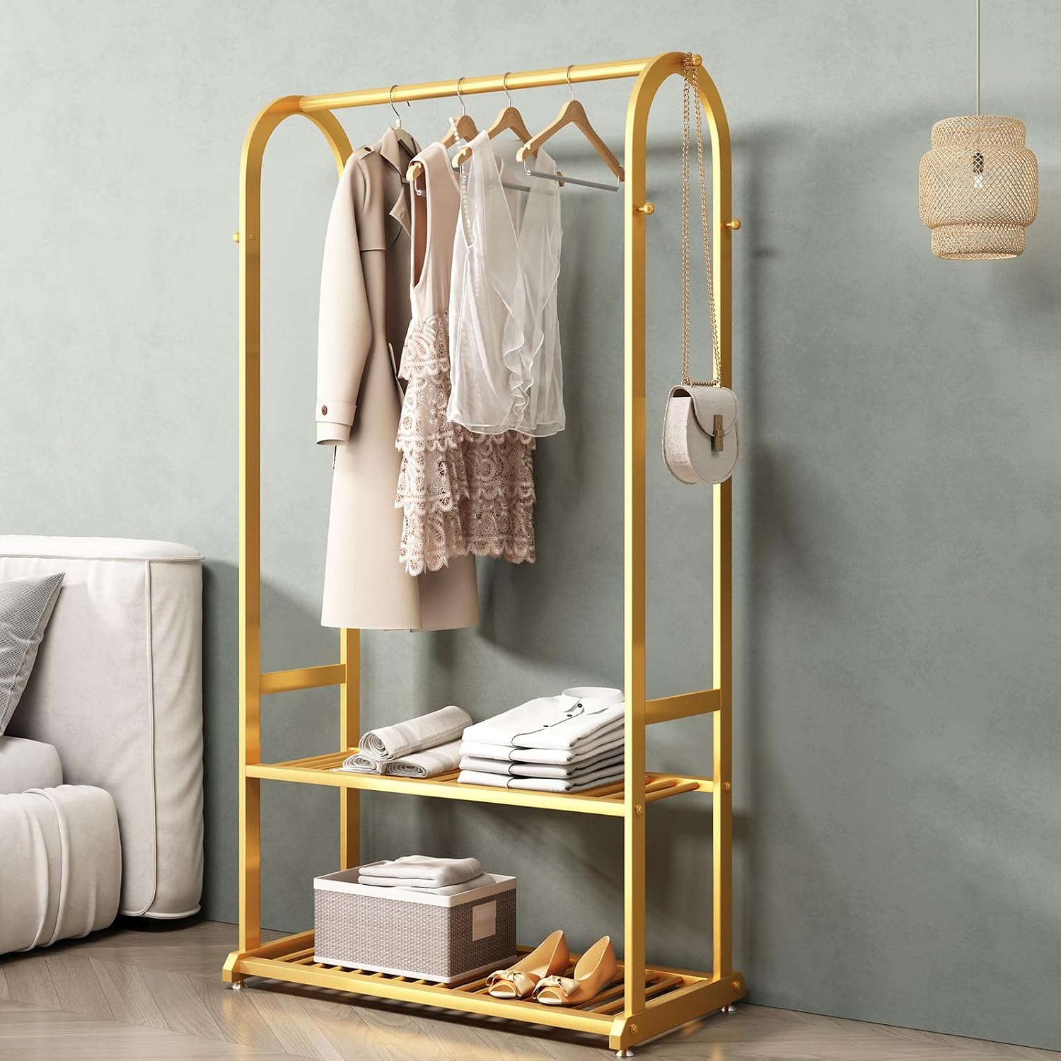 Gold Clothing Rack,Metal Garment Rack with Bottom Storage Shelves and 6 Side Hooks,modern Sturdy clothes racks for hanging clothes,Freestanding Wardrobe Rack for Bedroom or Boutique (L:31.5in)