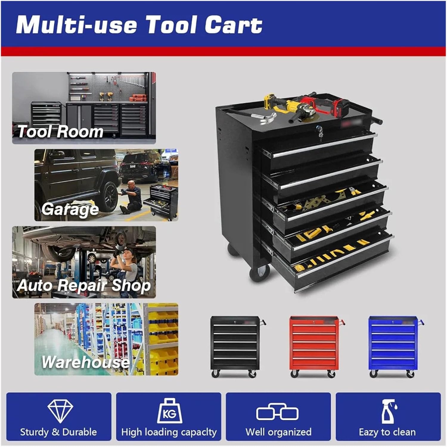 Tool Box 5-Drawers Tool Cabinets On Wheels, Rolling Tool Chest with Drawers, Tool Box with Keyed Locking System, Workshop Hardware Toolbox(Green)