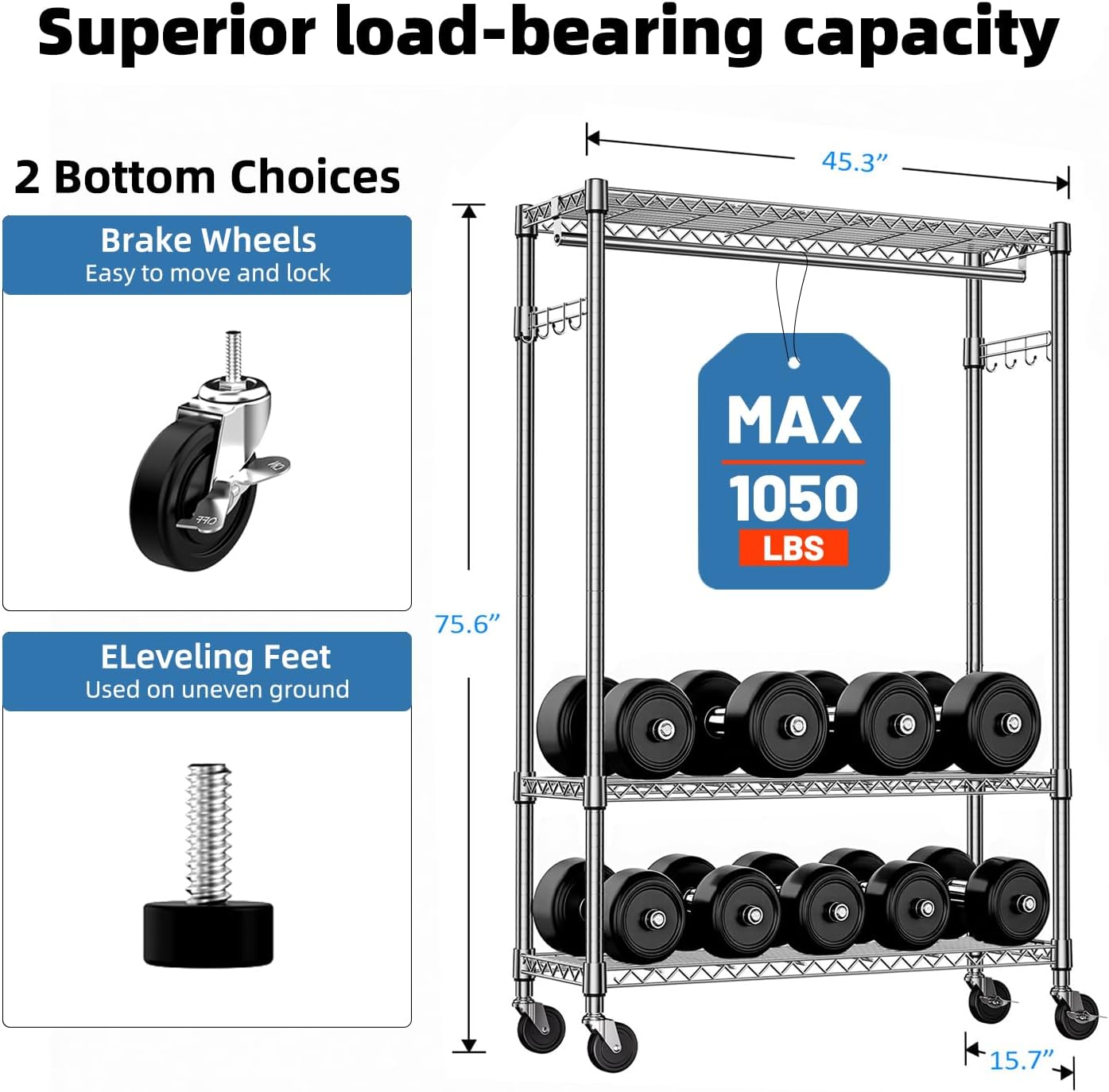 High-Strength Rolling Garment Rack Freestanding Closet Organizer with Hanging Rod Adjustable Metal Clothes Rack Chrome 15.7' D x 45.3' W x 75.6' H