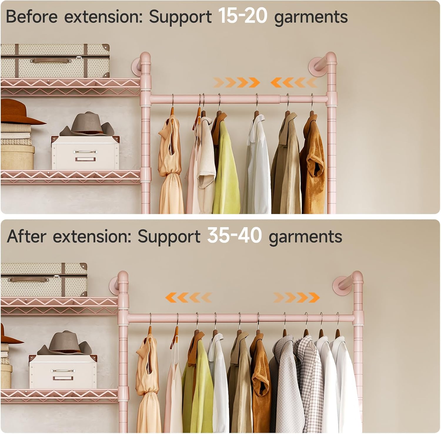 ONBRILL L4 Wall Mounted Industrial Pipe Clothing Rack, Closet Organizer System with 6 Hanging Clothes Rods ( 4 Expandable Rods) & 8 Shelves, Heavy Duty Corner Garment Rack, Large Wardrobe - Pink