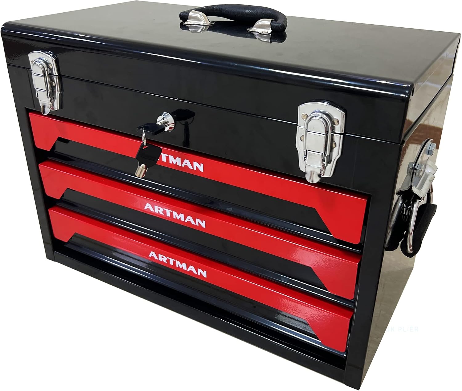 RYH 20' Portable 3-Drawer Steel Toolbox with Lock - Heavy Duty Tool Box Set for Mechanics, Electricians & Home Improvement | Includes Socket Wrench, Pliers, | Gift for Men, Handymen (Black+red)