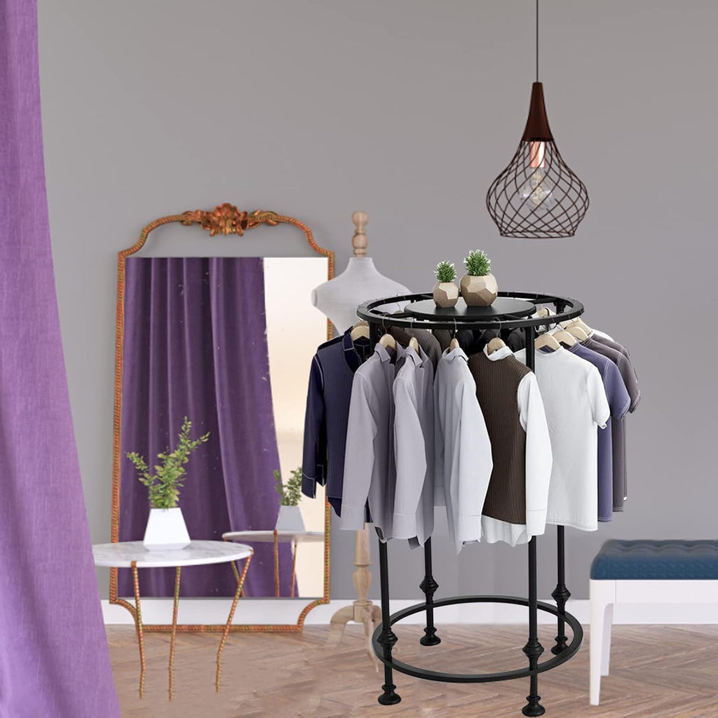 Round Garment Rack, Floor Standing Iron clothes Hanging Rack with Topper, Suitable for Large Shopping Malls Retail, Clothes Boutique Display Laundry Rooms Multi-Purpose Hanging (BLACK)