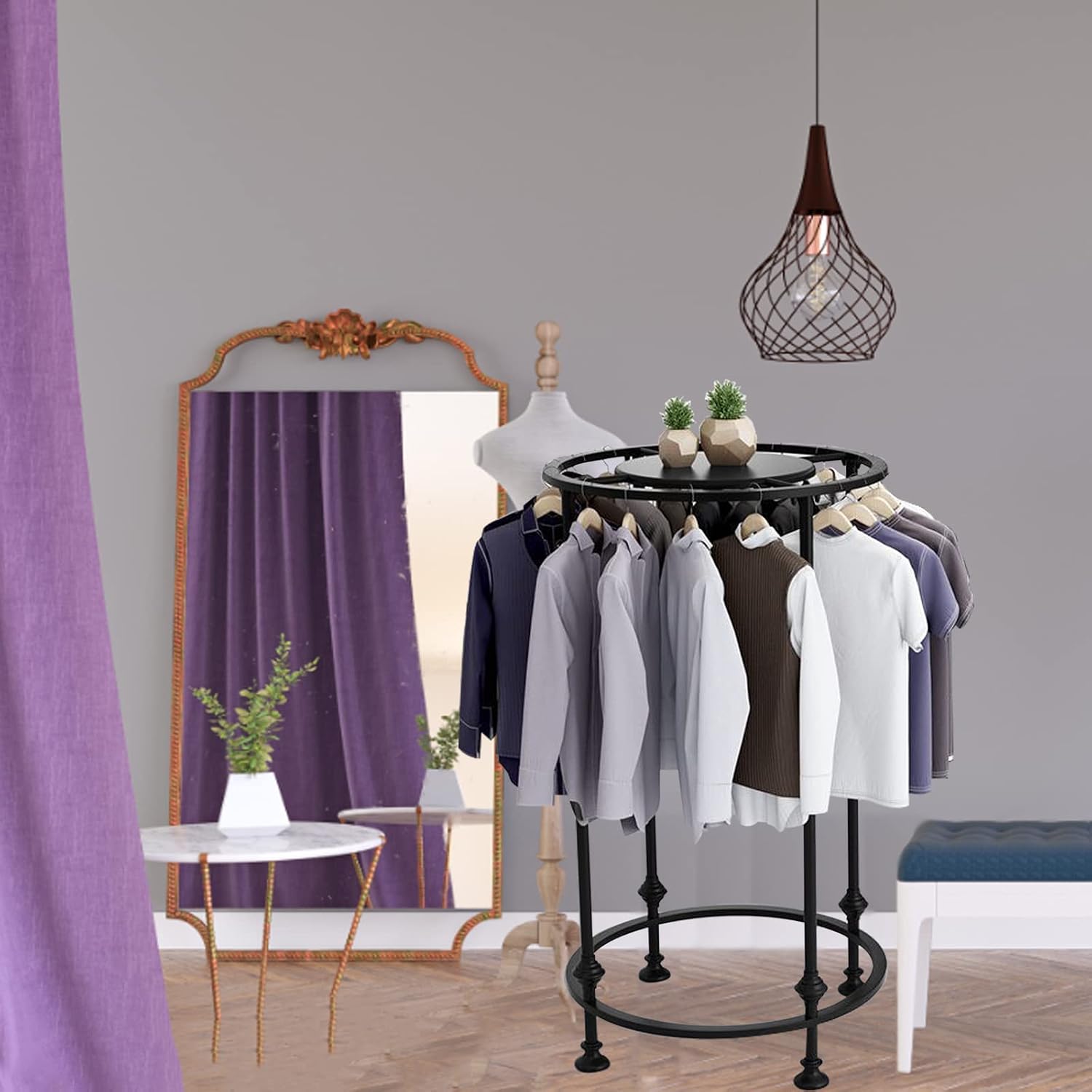 Round Garment Rack, Floor Standing Iron clothes Hanging Rack with Topper, Suitable for Large Shopping Malls Retail, Clothes Boutique Display Laundry Rooms Multi-Purpose Hanging (BLACK)