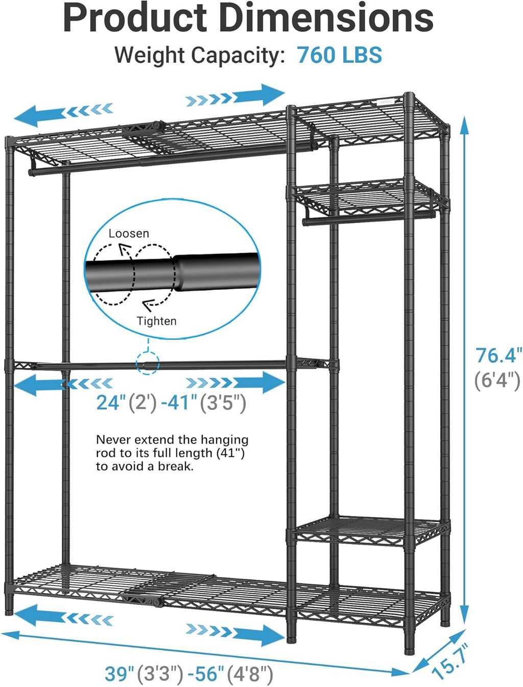 VIPEK X20 Expandable Metal Clothing Rack Adjustable from 3'3' to 4'8' Heavy Duty Garment Racks with Adjustable Shelves and Hanger Rods Portable Wardrobe Open Closet Rack System, Black