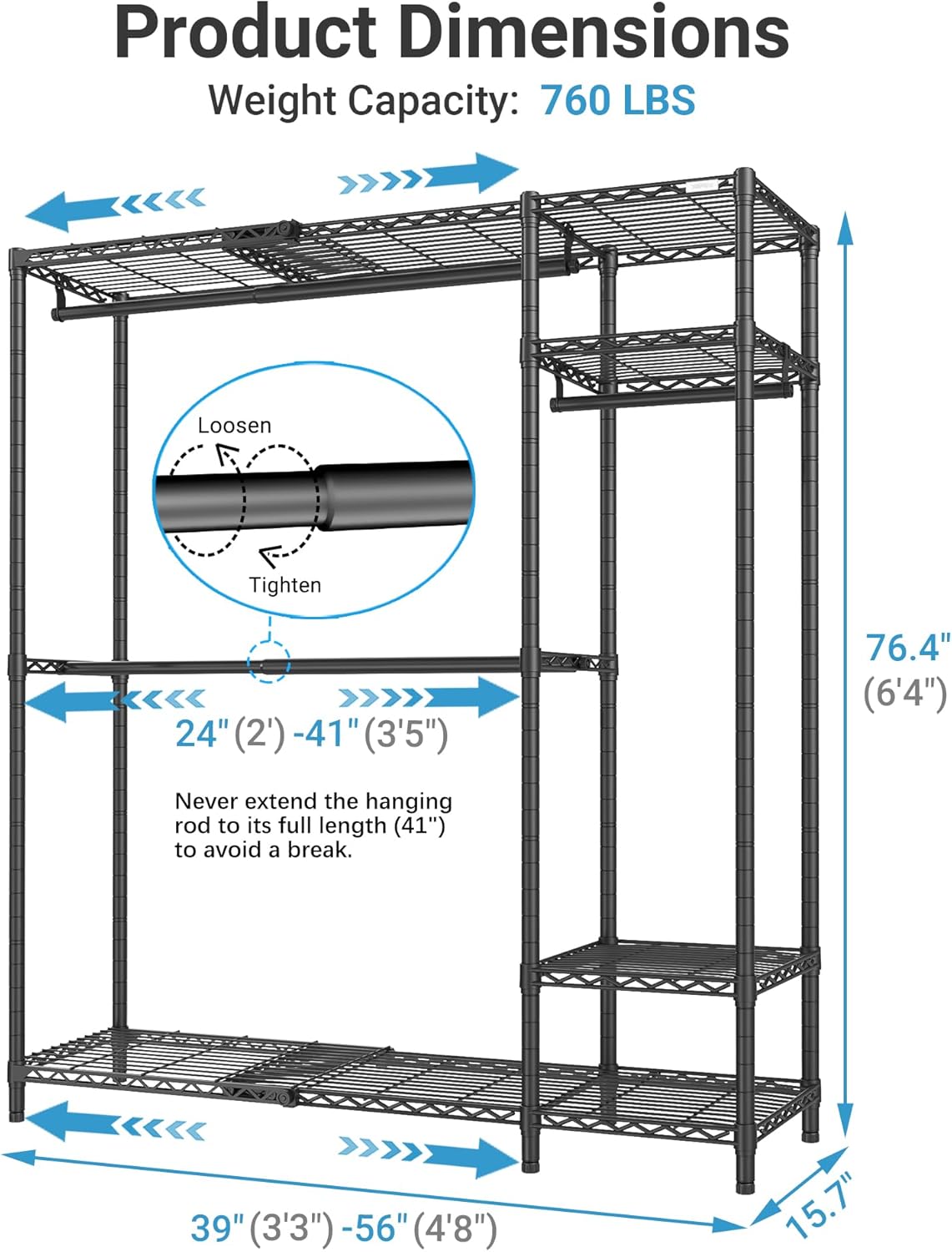 VIPEK X20 Expandable Metal Clothing Rack Adjustable from 3'3' to 4'8' Heavy Duty Garment Racks with Adjustable Shelves and Hanger Rods Portable Wardrobe Open Closet Rack System, Black