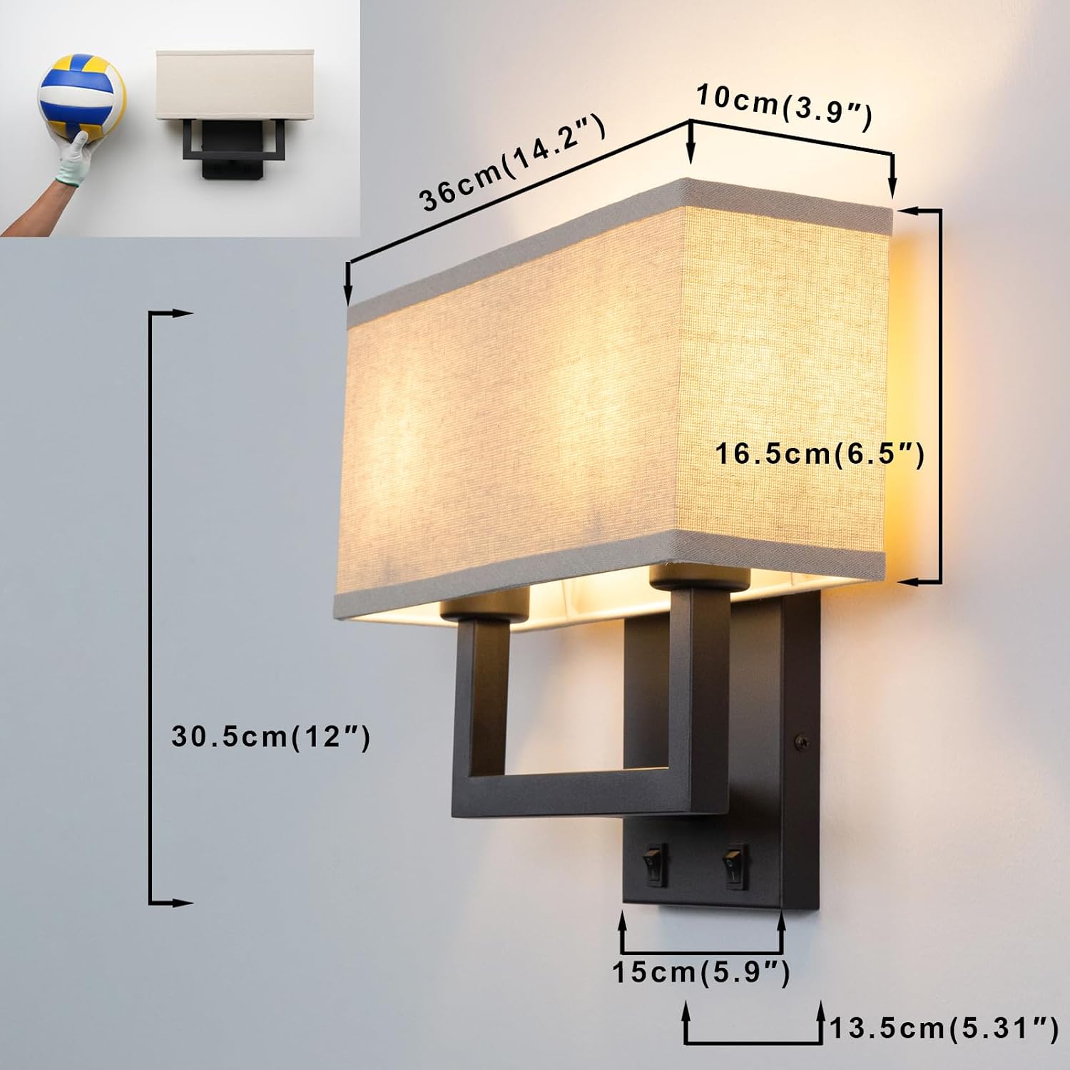 Yosoan Set of 2 Linen Fabric Boho Wall Sconce Bedside Light with On Off Switch, 2-Light Finished Hardwired Vintage Industrial Dual Wall Mount Lamp Square Shade for Bedroom Living Room Stairwell(Black)