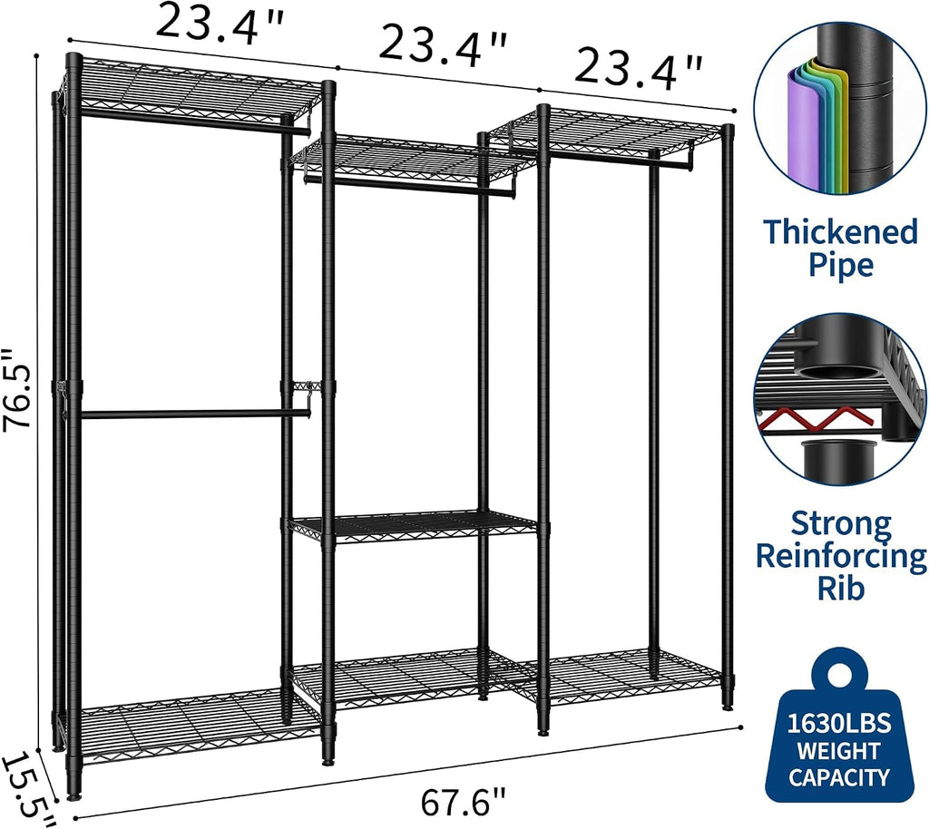 5-Tier Heavy Duty Clothes Rack, 1630LBS Load, Sturdy Metal Garment Rack with Wire Shelves, Multi-Functional Wardrobe Closet with Hanger Rods for Hanging Clothes, 15.5'D x 67.6'W x 76.5'H
