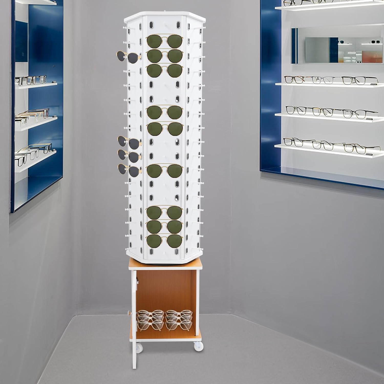 102 Pairs Rotating Glasses Display Stand, Eyewear Storage Organizer with Cabinet & Wheels, Commercial Sunglasses Display Rack, Optical Shop Glasses Holder (White+Yellow)