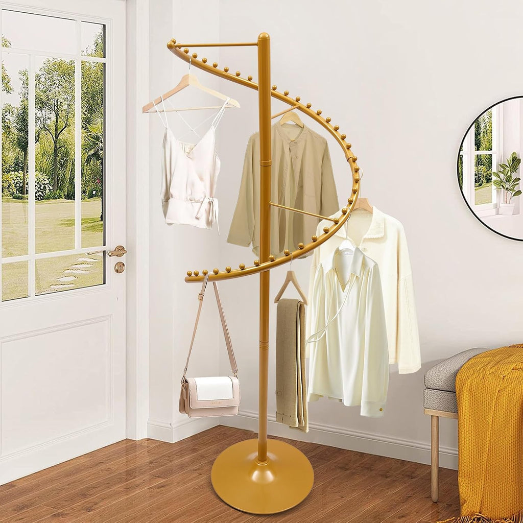 Floor Standing 360°Spiral Rotating Garment Rack, Heavy Duty Metal Clothing Display Rack With Divide Hooks, Stable Standing Retail Display Racks For Hanging Clothes, Hats, Bags