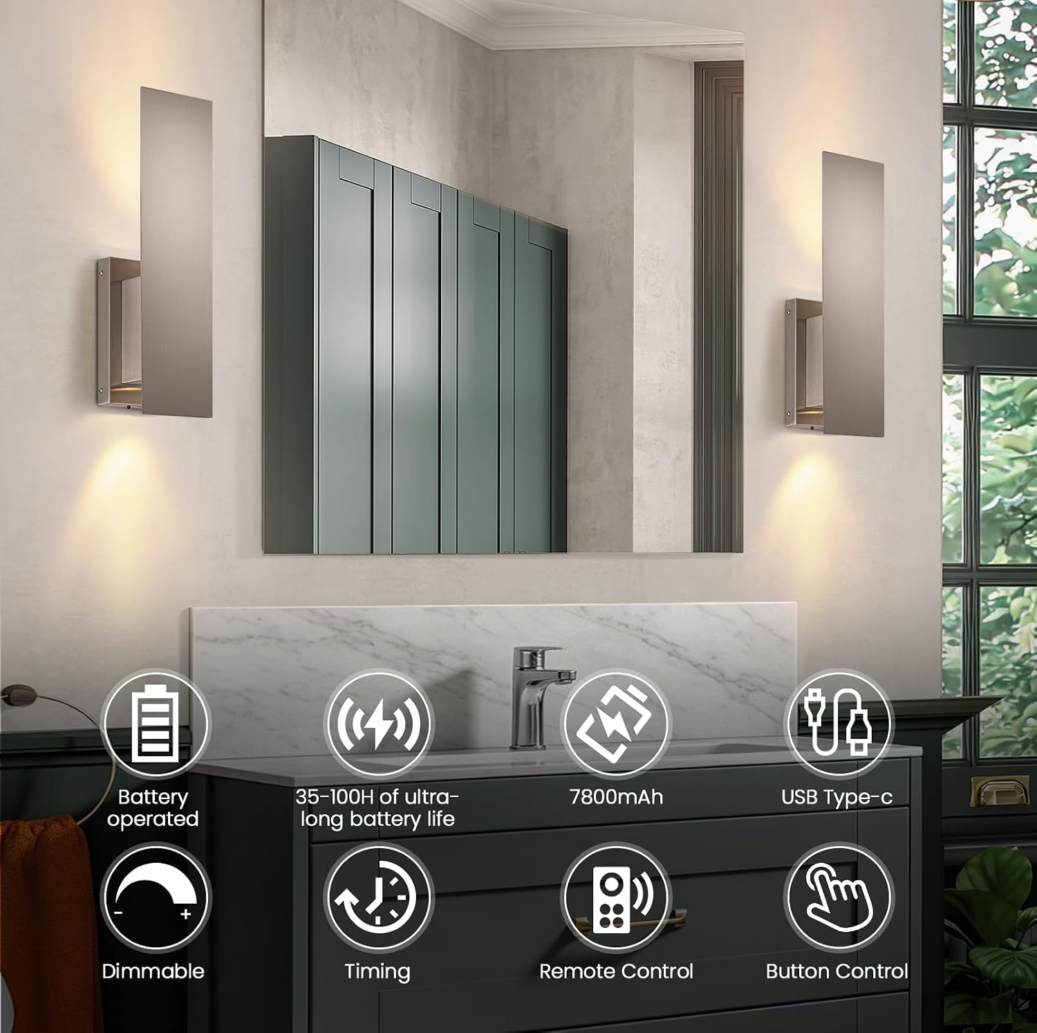 Brushed Nickel Battery Operated Wall Sconces Set of Two,Dimmable Wireless Battery Wall Sconce with Remote,USB Rechargeable LED Wall Lights for Living Room Bedroom Hallway (Brushed Nickel)