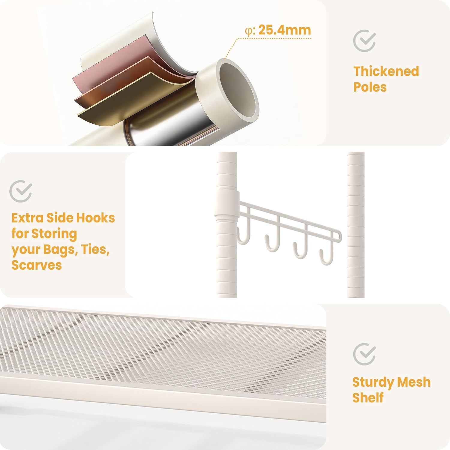 Heavy Duty Rolling Clothes Rack with Wheels, Clothing Racks with Adjustable Shelves & Side Hooks for Hanging Clothes, Freestanding Storage Closet Clothing Rack for Bedroom Laundry Room, Beige