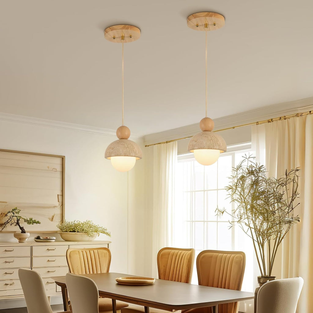Natural Cave Stone Pendant Lights Kitchen Island Japanese Wabi Sabi Pendant Light Fixture with Wood Ceiling Plate Hanging Lamp for Hallway, Bedroom, Dining Room 3pcs