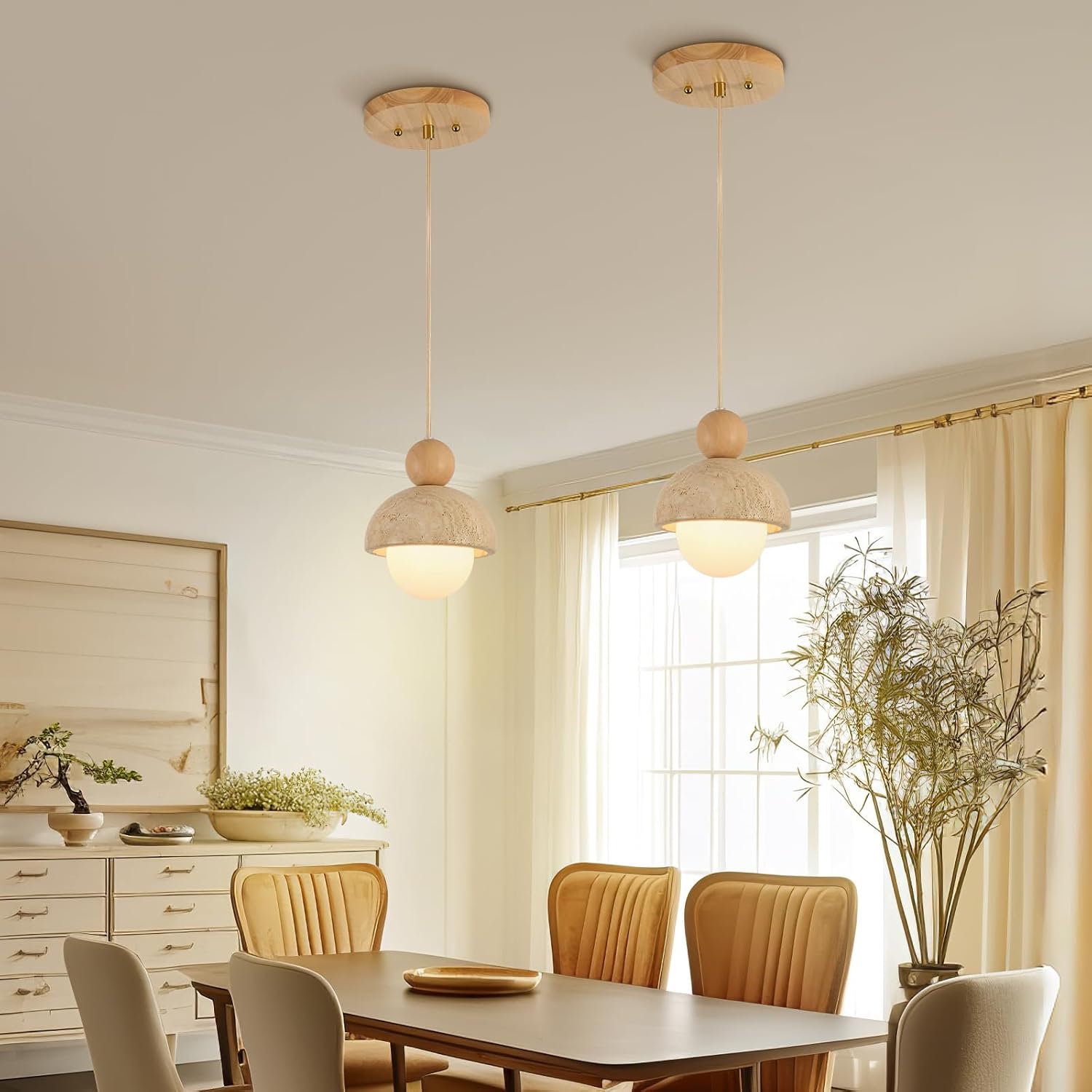 Natural Cave Stone Pendant Lights Kitchen Island Japanese Wabi Sabi Pendant Light Fixture with Wood Ceiling Plate Hanging Lamp for Hallway, Bedroom, Dining Room 3pcs