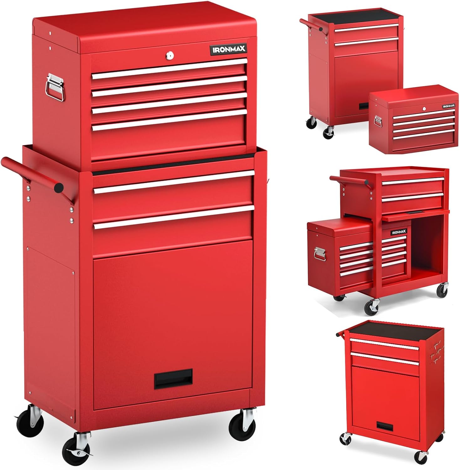 IRONMAX Rolling Tool Chest, 6-Drawer Lockable Tool Cabinet w/ 4 Universal Wheels, 2 in 1 Detachable Tool Box Storage Organizer for Garage Workshop Repair Shop (6-Drawer, Red)