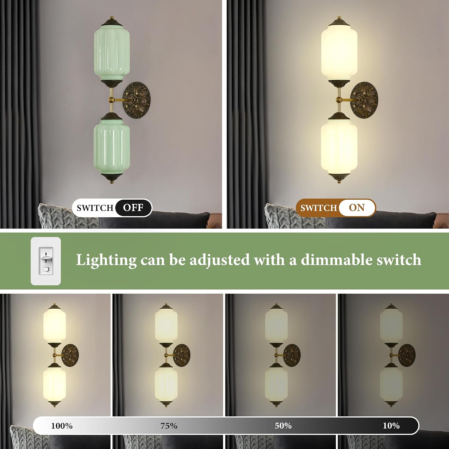 Vintage Milk Glass Bathroom Vanity Light - 25' Green Dimmable Wall Sconce with Bulb - Mid Century Vertical or Horizontal Mounted Sconces - Modern Brass Gold Lighting Fixture for Indoor Bedroom Hallway