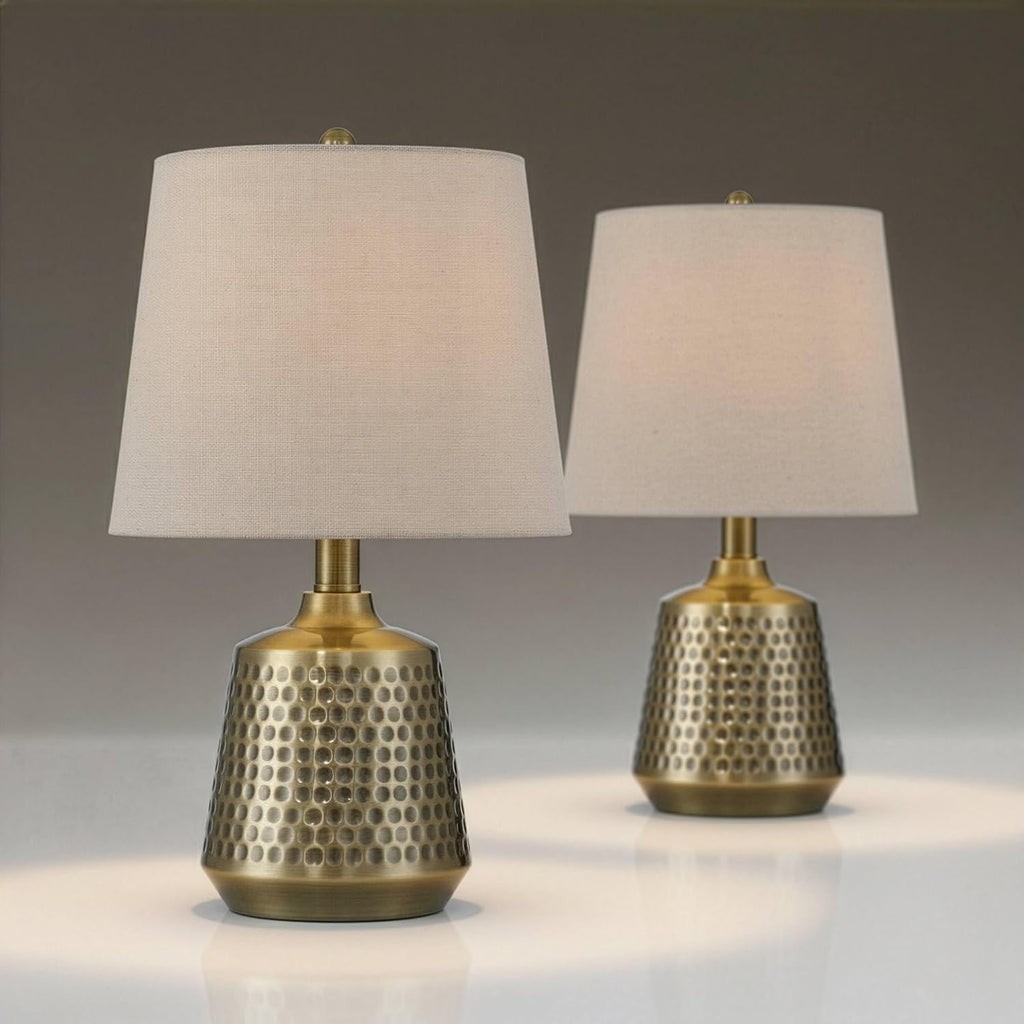360 Lighting Argus 16' High Small Modern Accent Table Lamps Set of 2 Gold Textured Brass Finish Metal Linen Beige Shade Living Room Bedroom Bedside Nightstand House Office Home Reading Kitchen